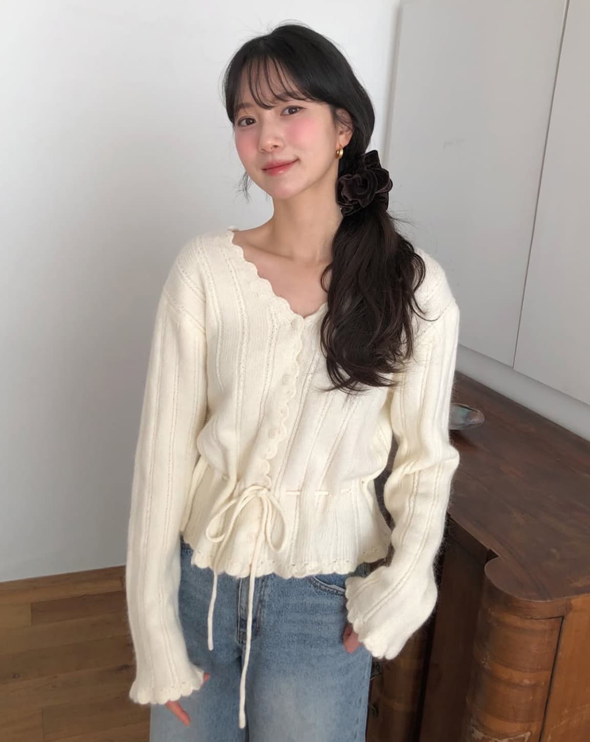 있음 선적 사이즈 업데이트 한국 chic 가을 새로운 ins 달콤함 V넥 허리 수축 레이스업 스웨터 상세 이미지 5