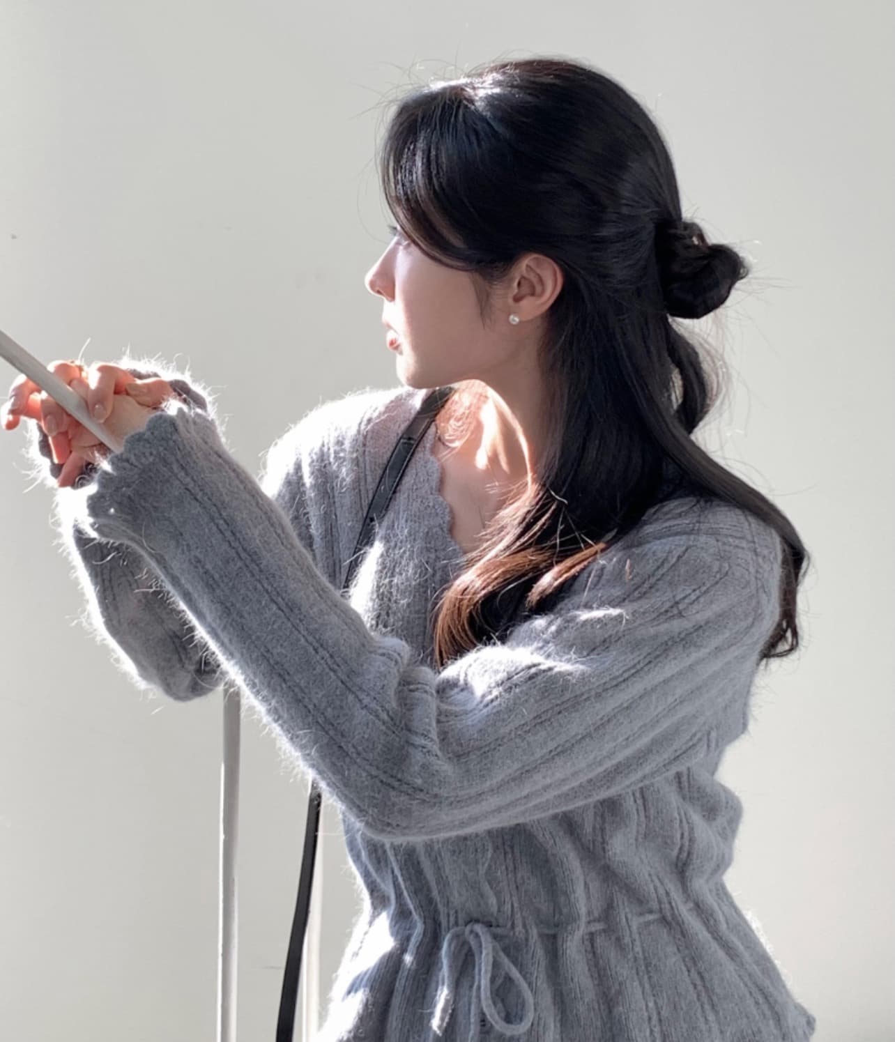 있음 선적 사이즈 업데이트 한국 chic 가을 새로운 ins 달콤함 V넥 허리 수축 레이스업 스웨터 상세 이미지 12