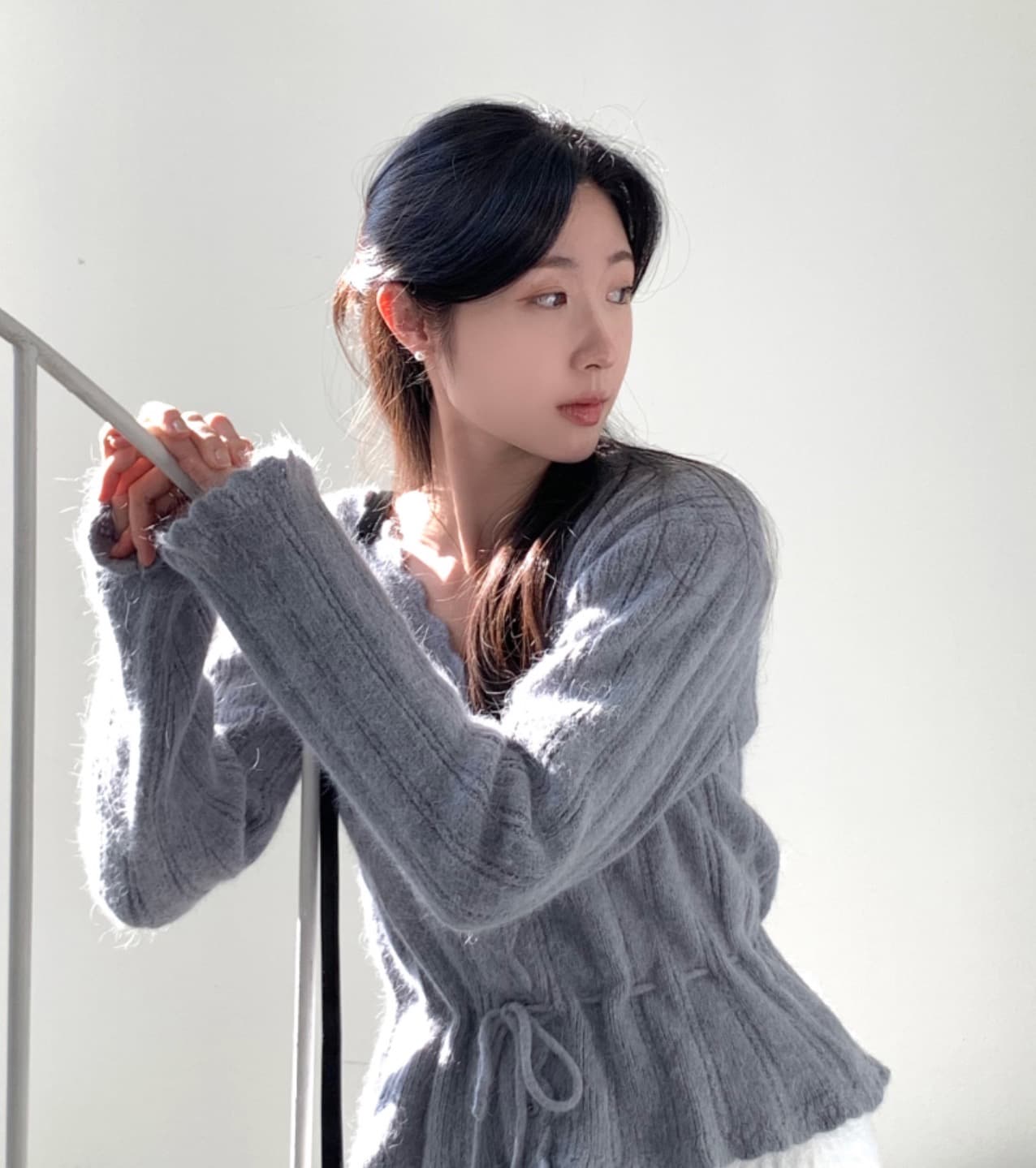 있음 선적 사이즈 업데이트 한국 chic 가을 새로운 ins 달콤함 V넥 허리 수축 레이스업 스웨터 상세 이미지 13