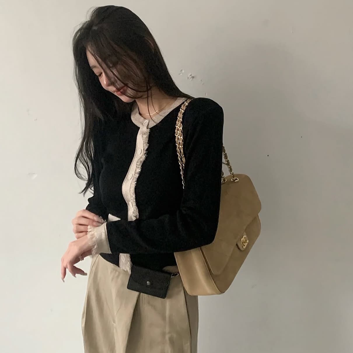 한국 chic 가을 새로운 ins 품격 술 패치워크 색상 단추 긴팔 니트 스웨터 이미지 5
