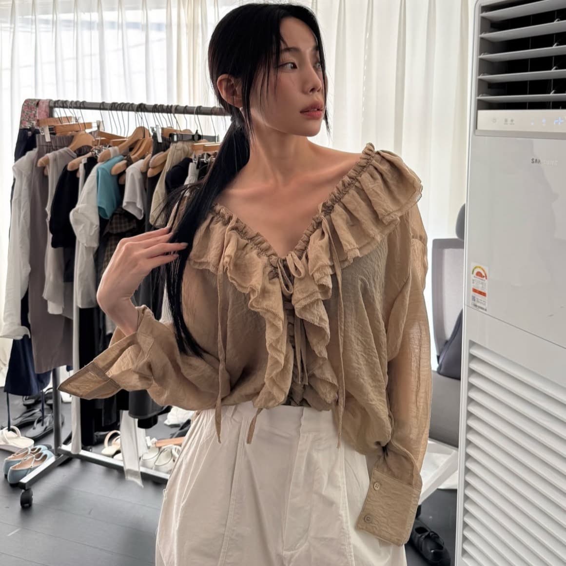 한국 chic 가을 새로운 ins 레이스 V넥 품격 다용도 긴팔 셔츠 이미지 2