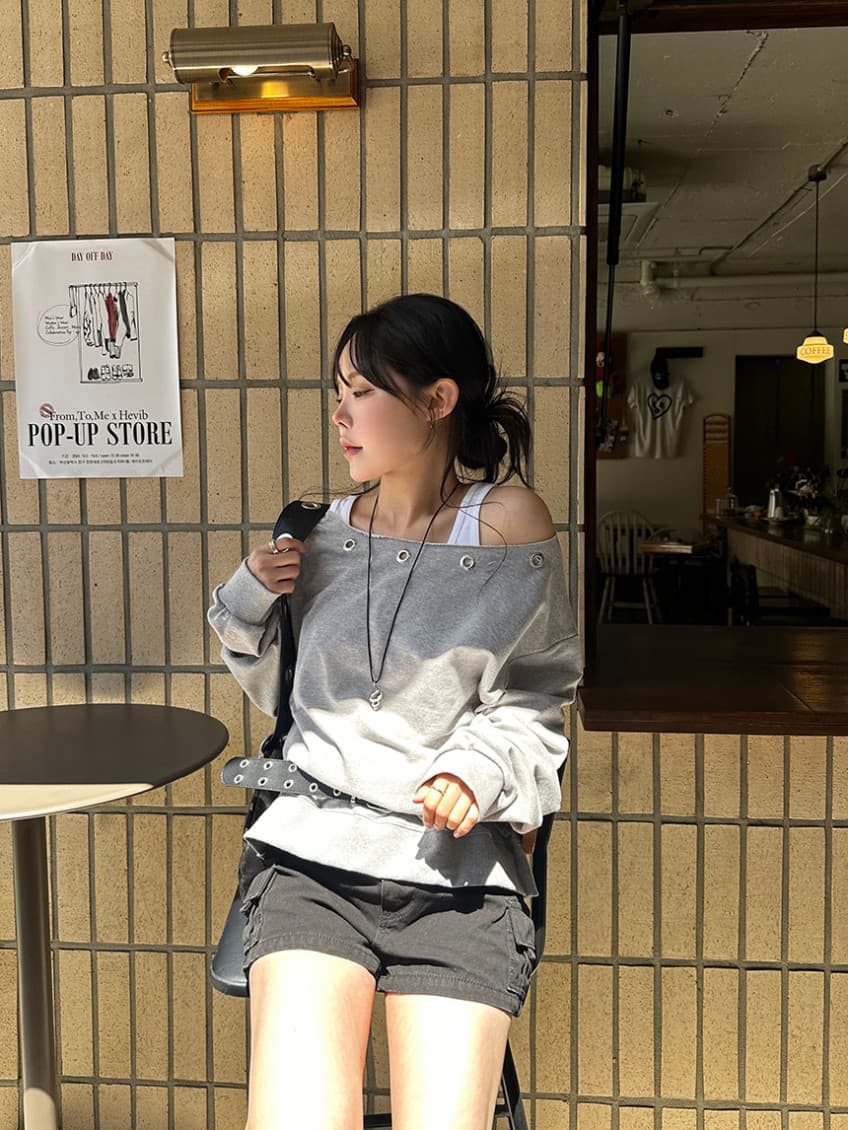 한국 chic 가을 새로운 ins 못 서클 버클 오프숄더 느슨함 센스 풀오버 스웨트셔츠 상세 이미지 2