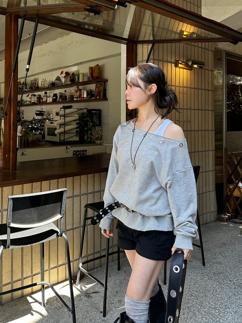 한국 chic 가을 새로운 ins 못 서클 버클 오프숄더 느슨함 센스 풀오버 스웨트셔츠 상세 이미지 9
