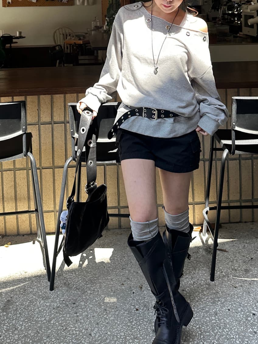 한국 chic 가을 새로운 ins 못 서클 버클 오프숄더 느슨함 센스 풀오버 스웨트셔츠 상세 이미지 10