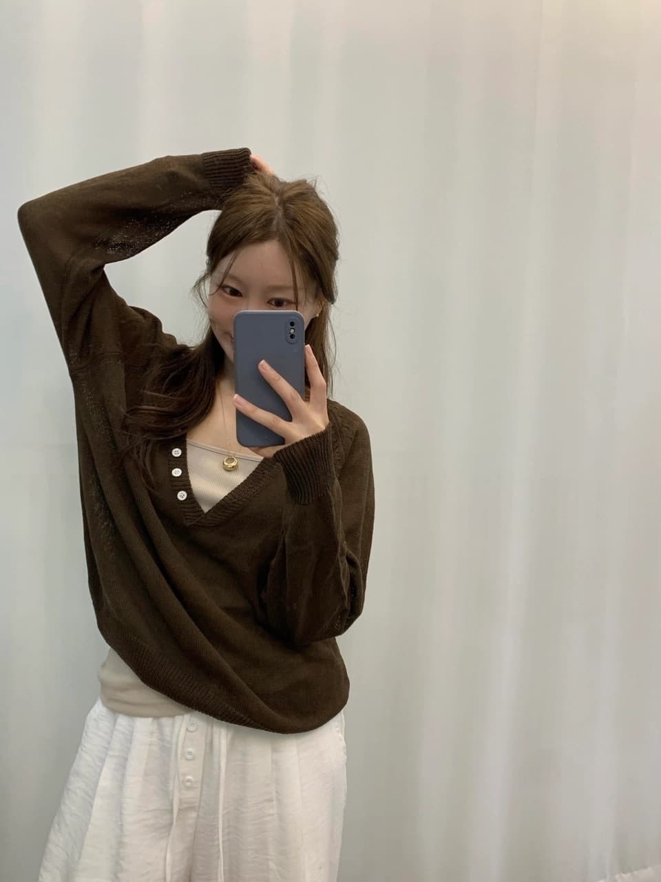 있음 선적 사이즈 업데이트 한국 chic 가을 ins 디자인 센스 빅 브이 넥 단추 느슨함 센스 긴팔 니트 스웨터 상세 이미지 7