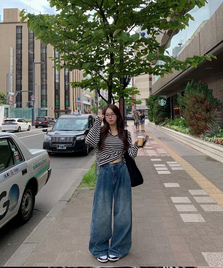 있음 선적 사이즈 업데이트 한국 chic 가을 새로운 ins 빅 브이 넥 스트라이프 품격 긴팔 니트 스웨터 상세 이미지 10
