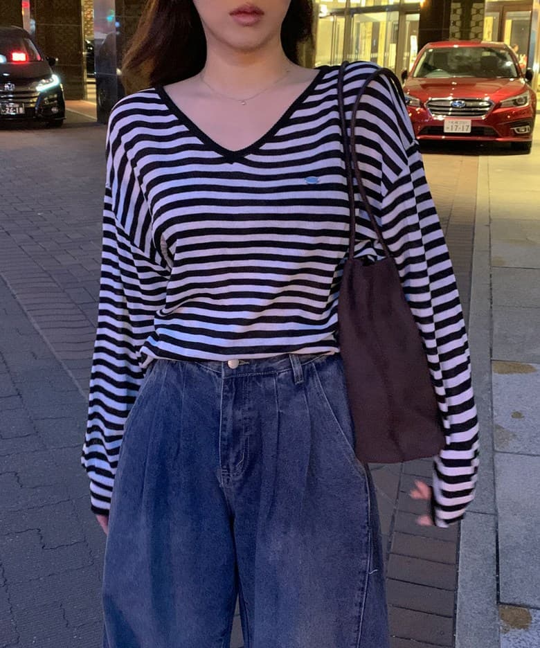 있음 선적 사이즈 업데이트 한국 chic 가을 새로운 ins 빅 브이 넥 스트라이프 품격 긴팔 니트 스웨터 상세 이미지 11