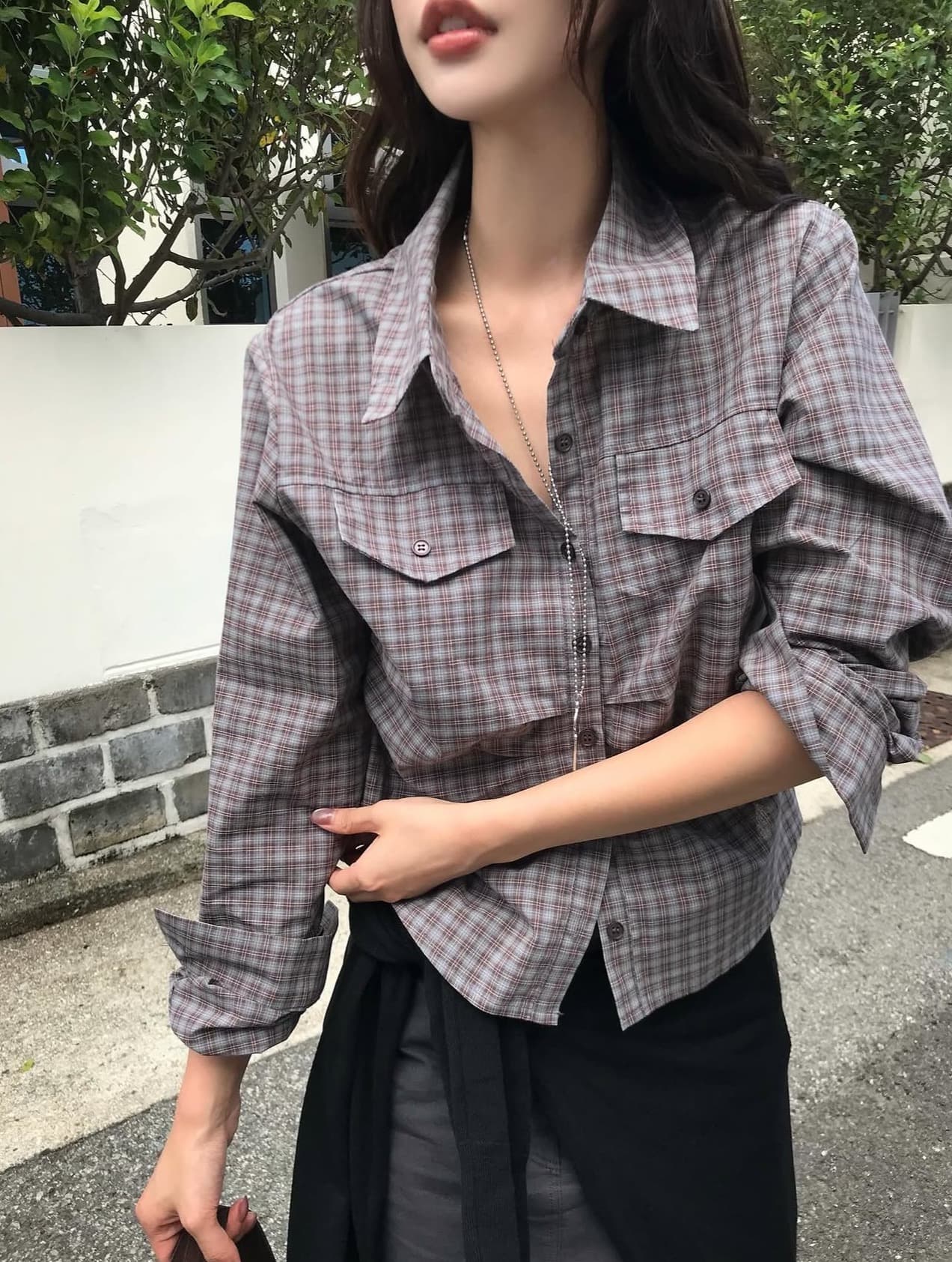 한국 chic 가을 새로운 ins 레트로 체크무늬 슬림해 보이는 주름 다용도 긴팔 셔츠