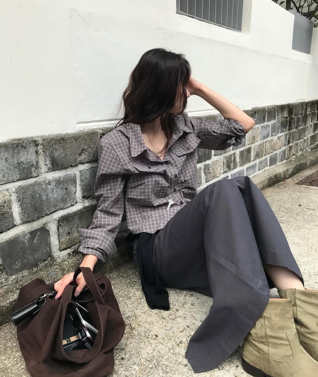 한국 chic 가을 새로운 ins 레트로 체크무늬 슬림해 보이는 주름 다용도 긴팔 셔츠 상세 이미지 6