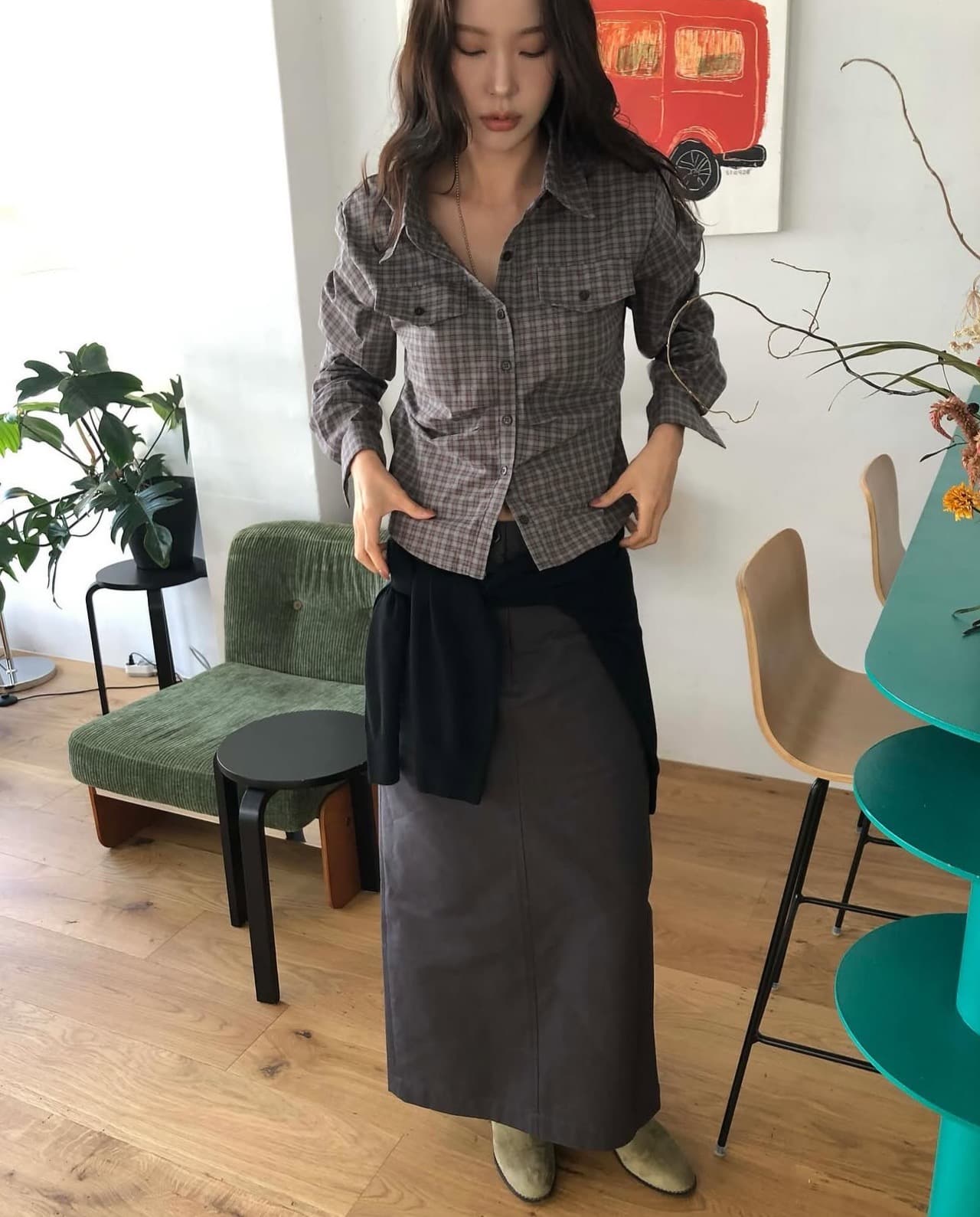 한국 chic 가을 새로운 ins 레트로 체크무늬 슬림해 보이는 주름 다용도 긴팔 셔츠 상세 이미지 9
