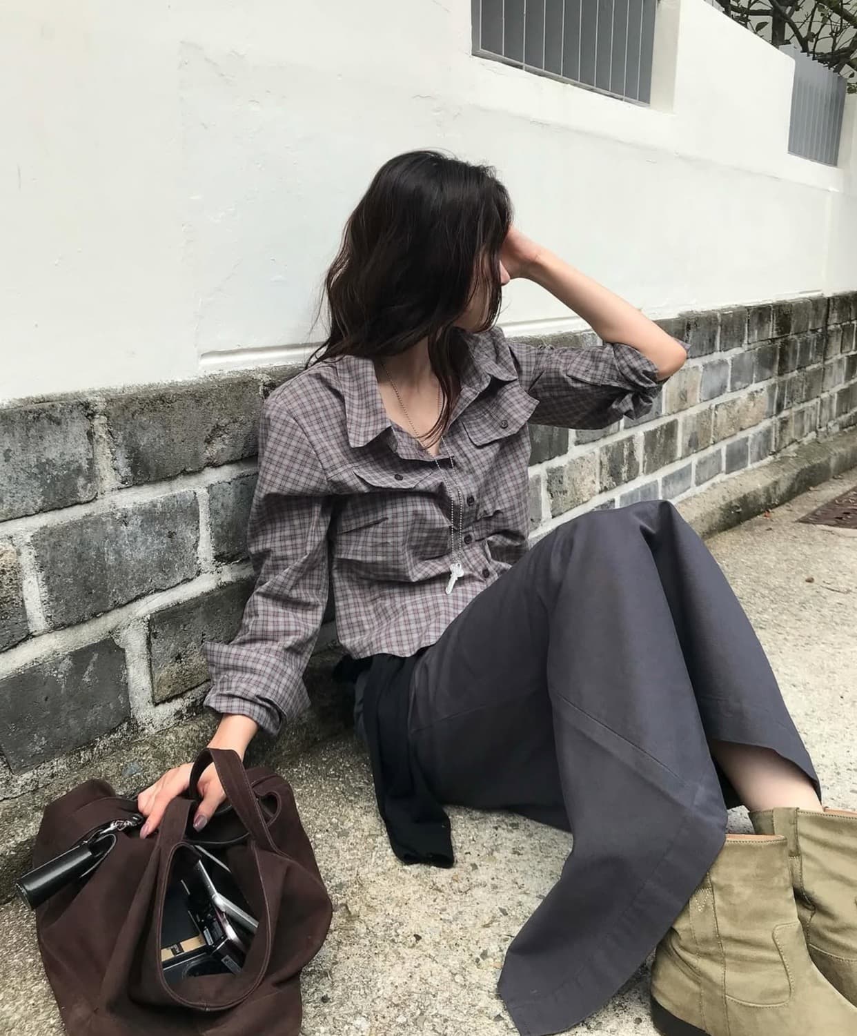한국 chic 가을 새로운 ins 레트로 체크무늬 슬림해 보이는 주름 다용도 긴팔 셔츠 상세 이미지 10