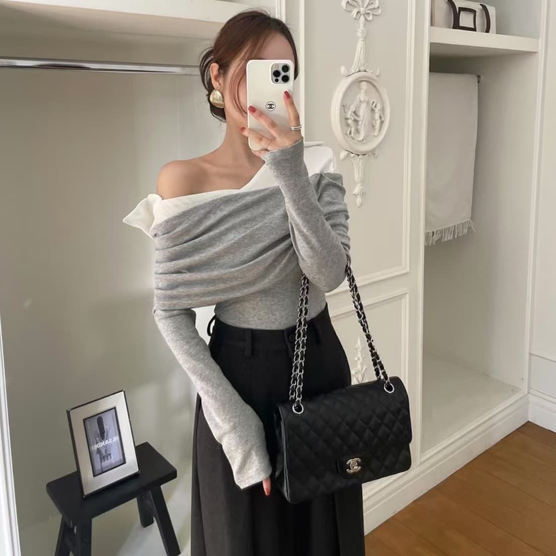 있음 선적 사이즈 업데이트 한국 chic 새로운 레트로 셔츠 폴로 칼라 패치워크 미니멀리즘 오프숄더 긴팔 맨위 이미지 3