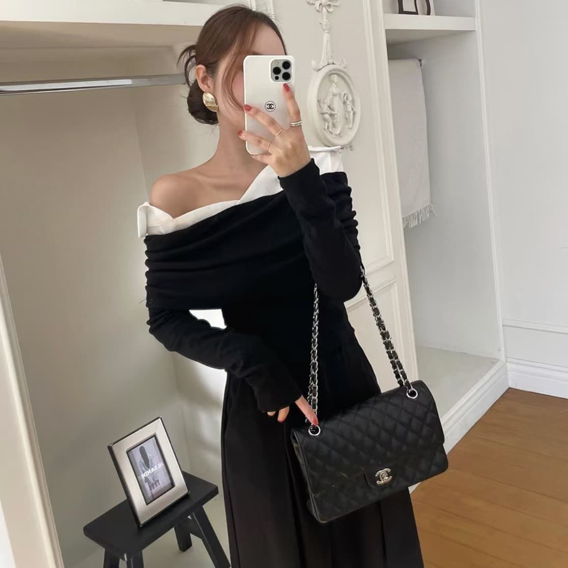있음 선적 사이즈 업데이트 한국 chic 새로운 레트로 셔츠 폴로 칼라 패치워크 미니멀리즘 오프숄더 긴팔 맨위 이미지 2