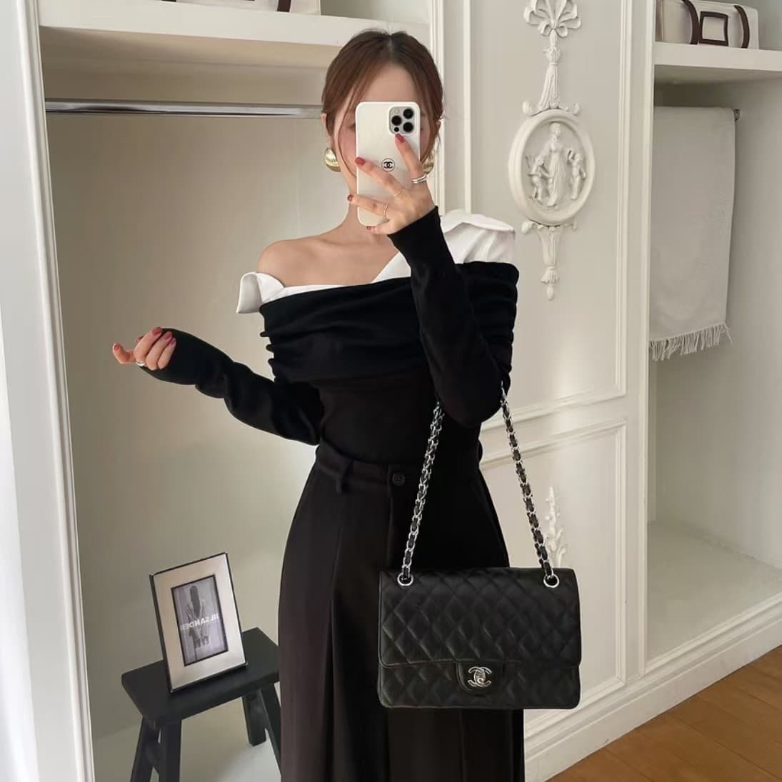 있음 선적 사이즈 업데이트 한국 chic 새로운 레트로 셔츠 폴로 칼라 패치워크 미니멀리즘 오프숄더 긴팔 맨위 이미지 4