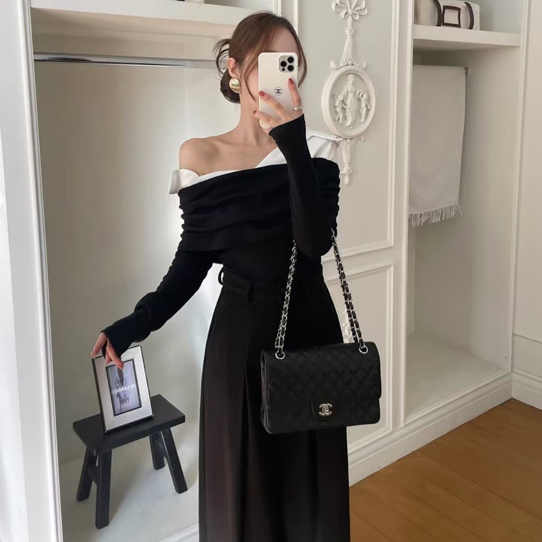 있음 선적 사이즈 업데이트 한국 chic 새로운 레트로 셔츠 폴로 칼라 패치워크 미니멀리즘 오프숄더 긴팔 맨위 이미지 5