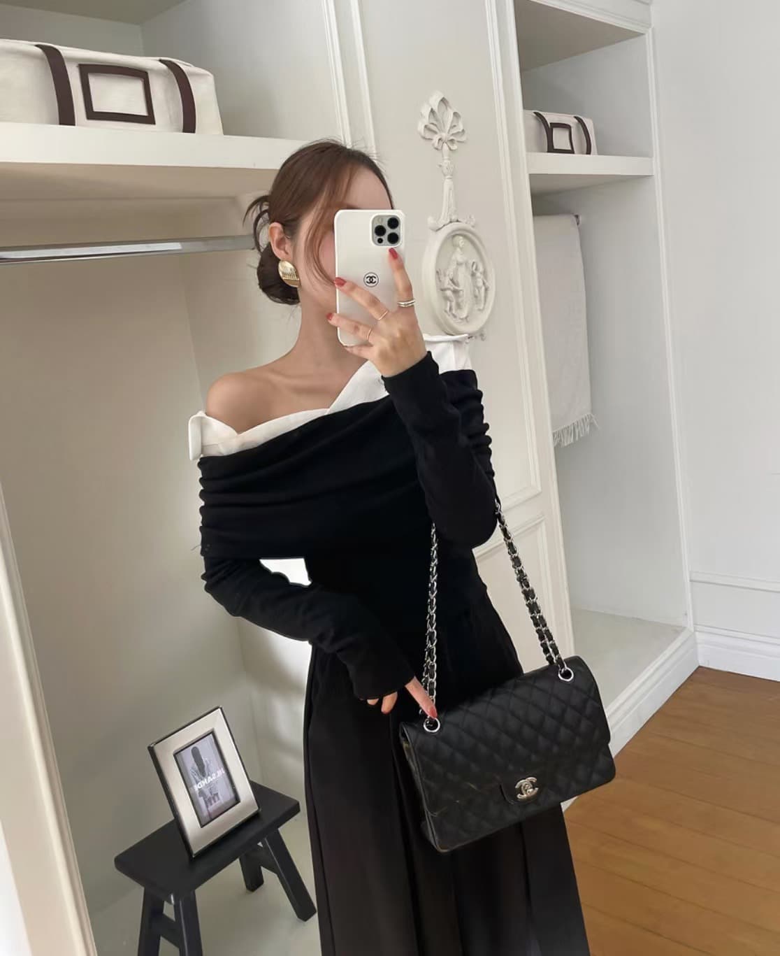 있음 선적 사이즈 업데이트 한국 chic 새로운 레트로 셔츠 폴로 칼라 패치워크 미니멀리즘 오프숄더 긴팔 맨위 상세 이미지 1