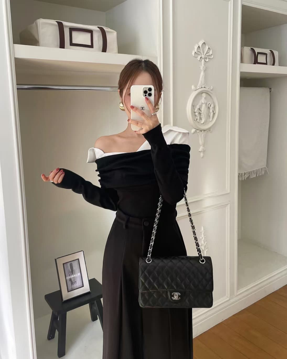 있음 선적 사이즈 업데이트 한국 chic 새로운 레트로 셔츠 폴로 칼라 패치워크 미니멀리즘 오프숄더 긴팔 맨위 상세 이미지 3