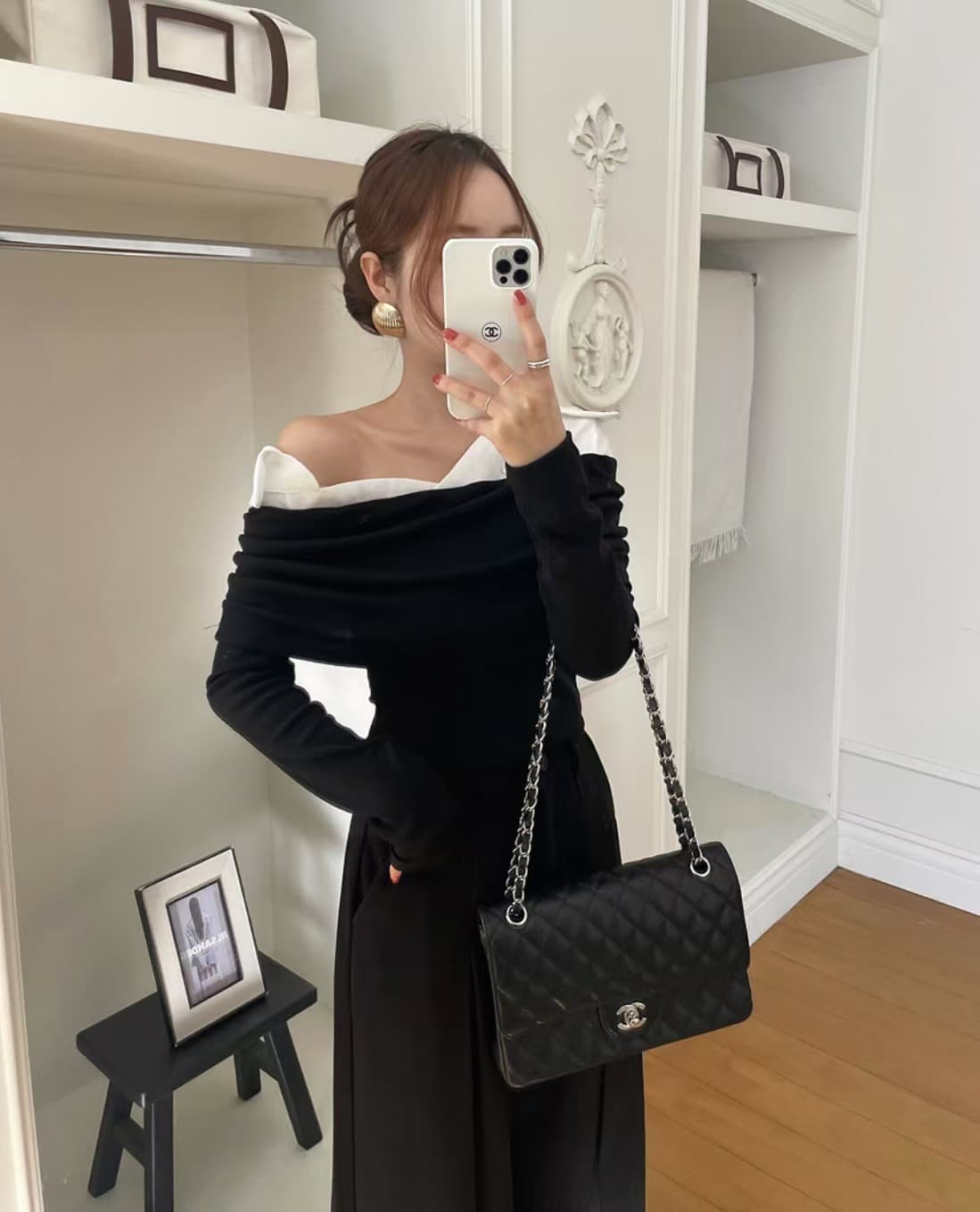 있음 선적 사이즈 업데이트 한국 chic 새로운 레트로 셔츠 폴로 칼라 패치워크 미니멀리즘 오프숄더 긴팔 맨위 상세 이미지 4