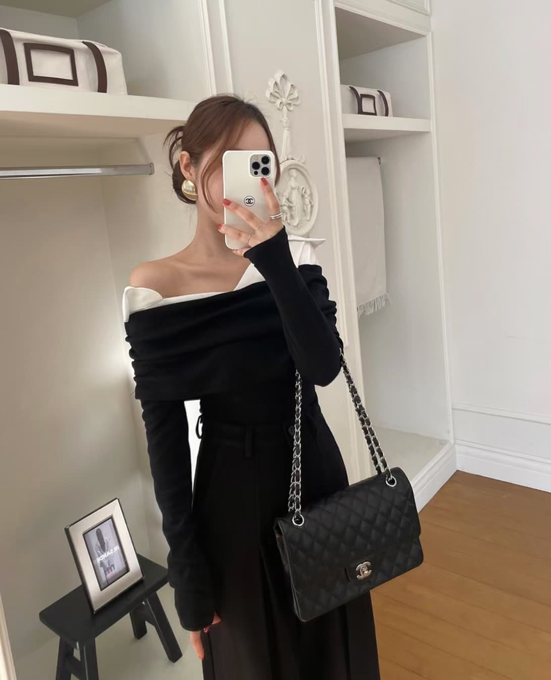 있음 선적 사이즈 업데이트 한국 chic 새로운 레트로 셔츠 폴로 칼라 패치워크 미니멀리즘 오프숄더 긴팔 맨위 상세 이미지 5