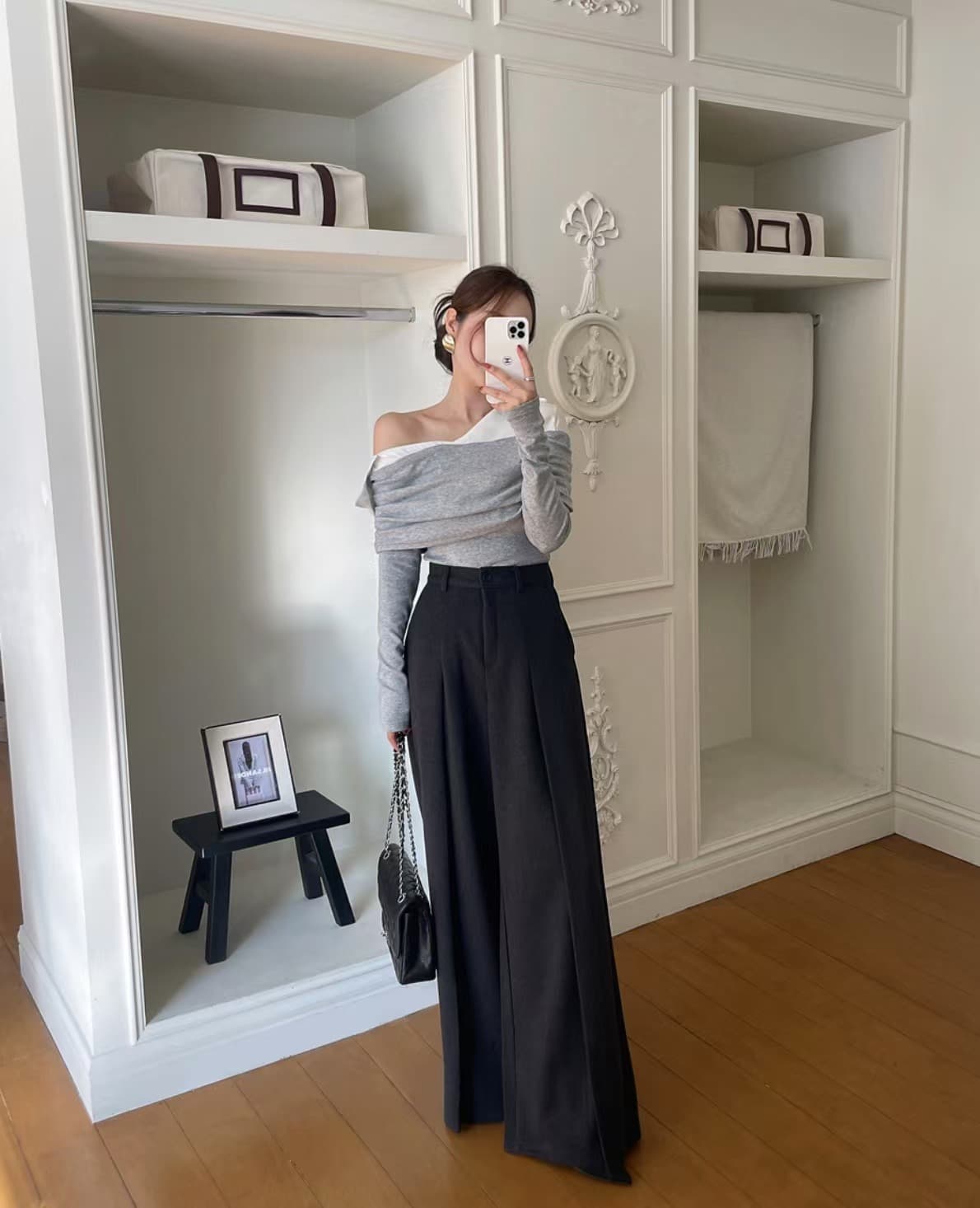 있음 선적 사이즈 업데이트 한국 chic 새로운 레트로 셔츠 폴로 칼라 패치워크 미니멀리즘 오프숄더 긴팔 맨위 상세 이미지 6