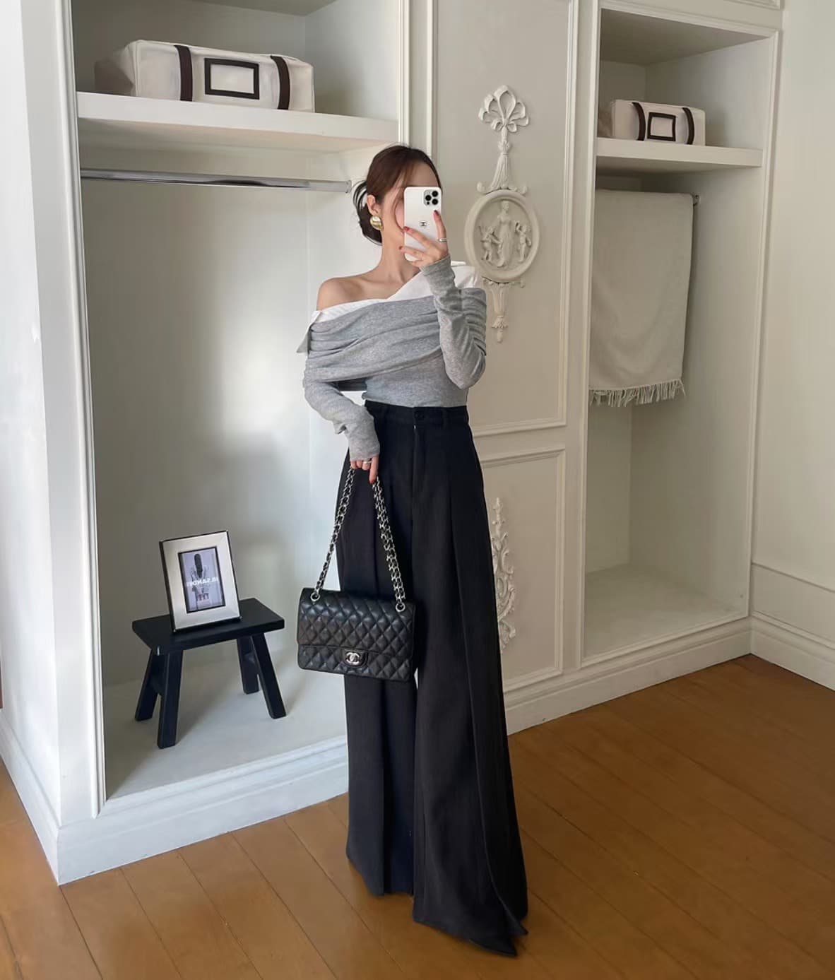 있음 선적 사이즈 업데이트 한국 chic 새로운 레트로 셔츠 폴로 칼라 패치워크 미니멀리즘 오프숄더 긴팔 맨위 상세 이미지 7