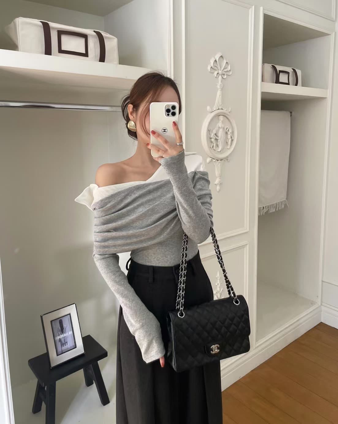 있음 선적 사이즈 업데이트 한국 chic 새로운 레트로 셔츠 폴로 칼라 패치워크 미니멀리즘 오프숄더 긴팔 맨위 상세 이미지 8