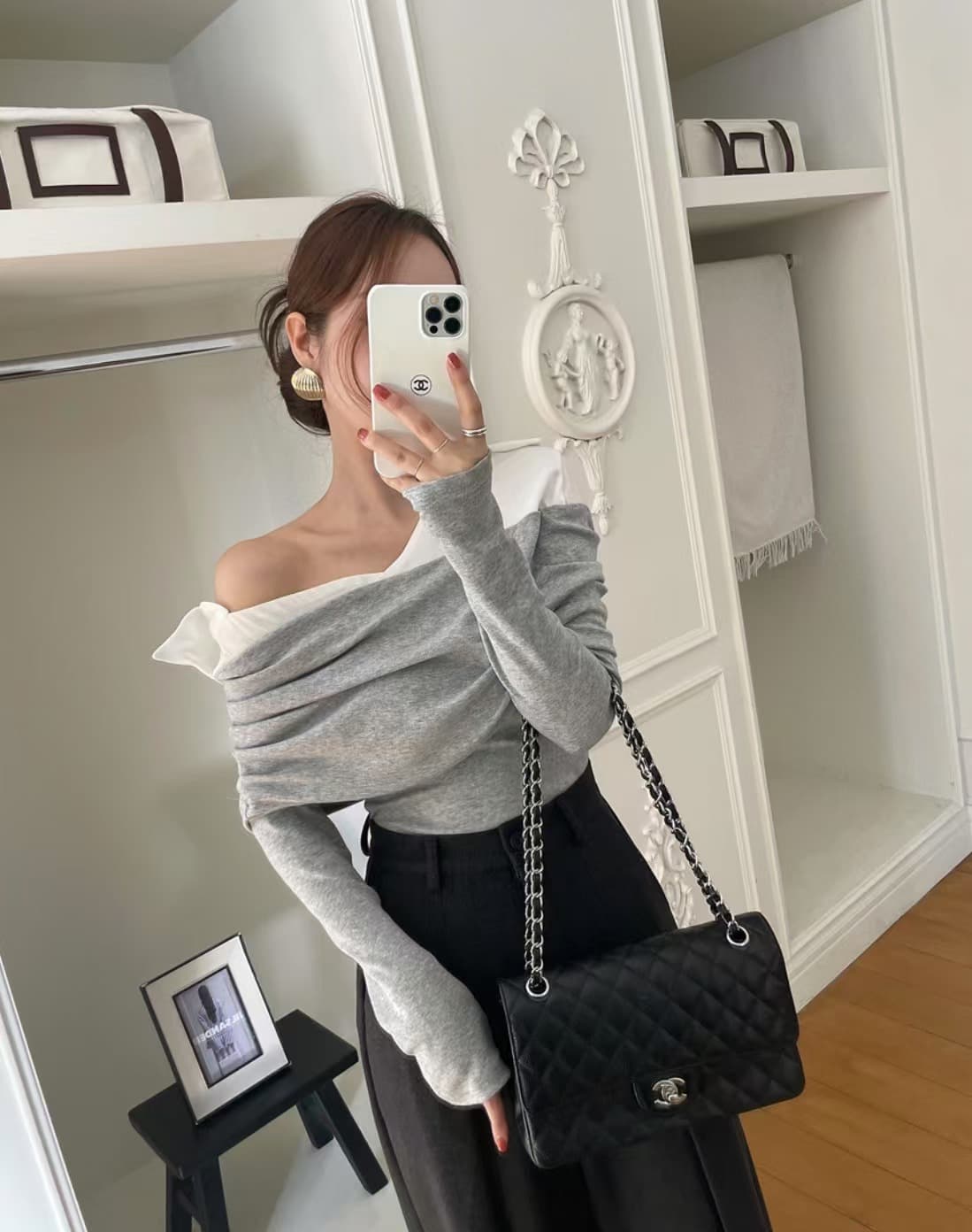 있음 선적 사이즈 업데이트 한국 chic 새로운 레트로 셔츠 폴로 칼라 패치워크 미니멀리즘 오프숄더 긴팔 맨위 상세 이미지 9