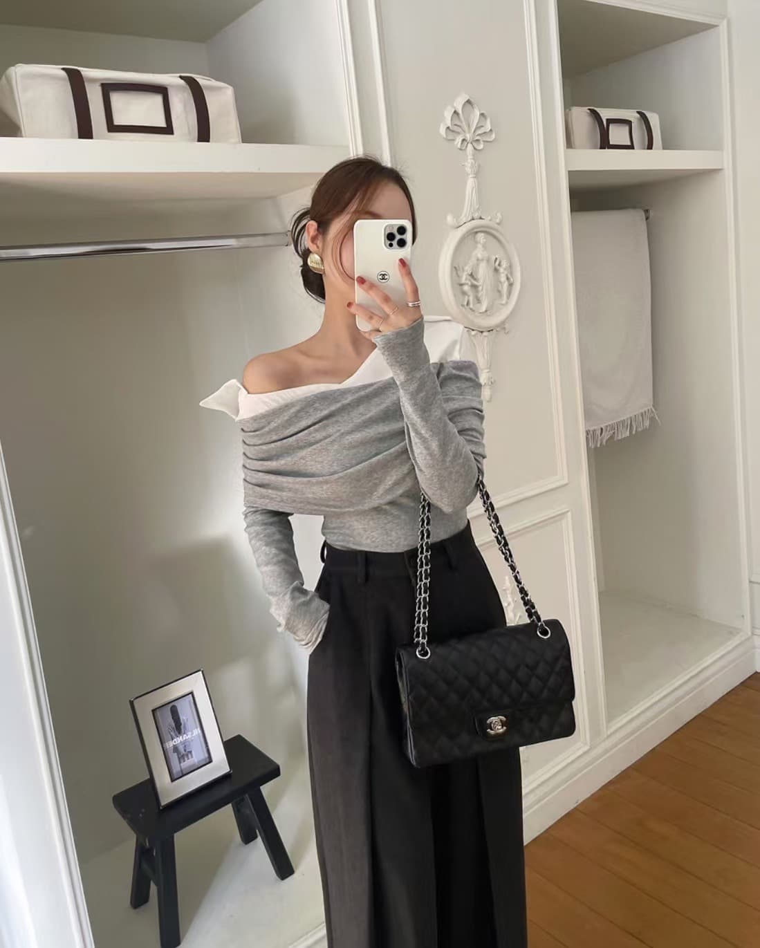 있음 선적 사이즈 업데이트 한국 chic 새로운 레트로 셔츠 폴로 칼라 패치워크 미니멀리즘 오프숄더 긴팔 맨위 상세 이미지 10