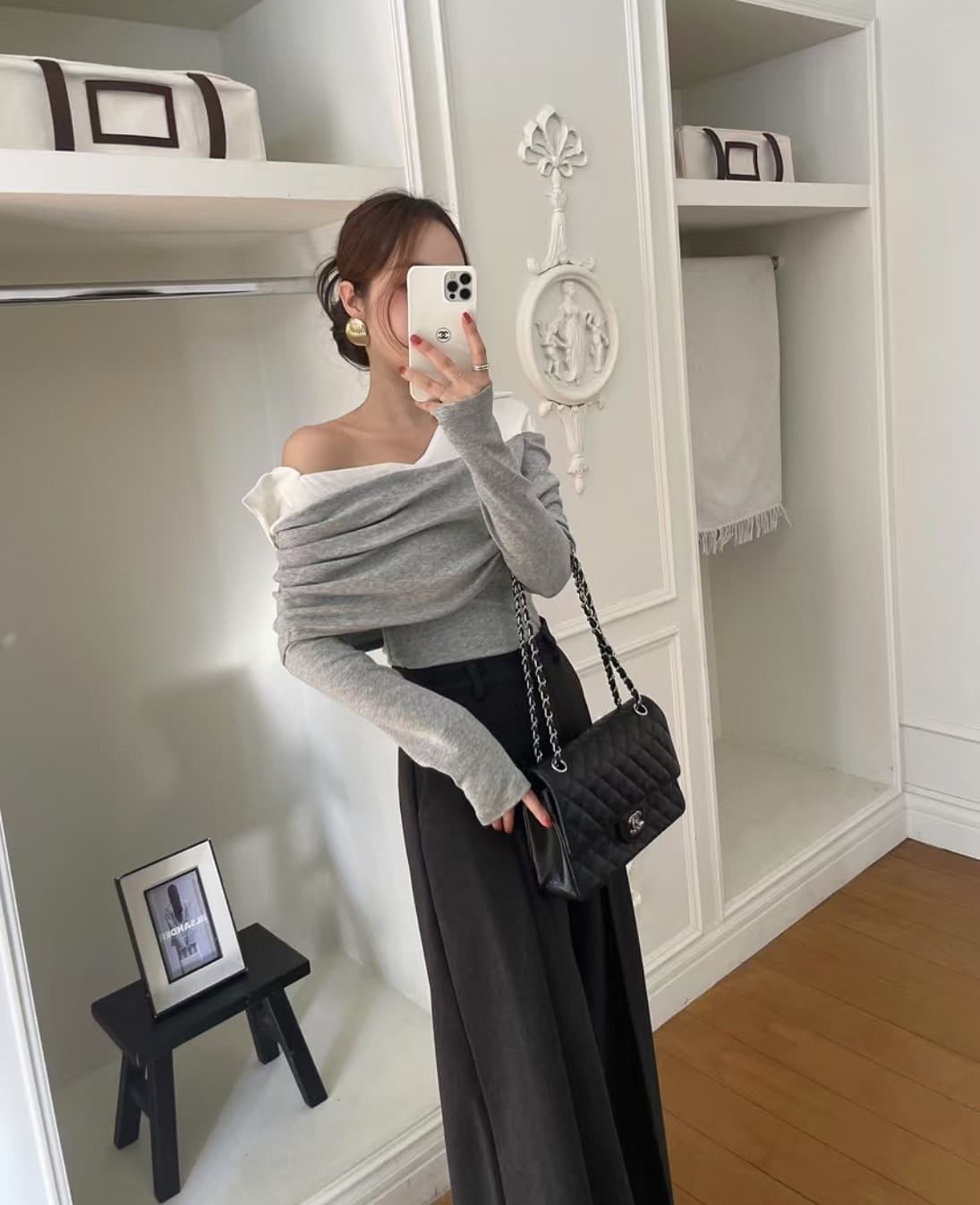 있음 선적 사이즈 업데이트 한국 chic 새로운 레트로 셔츠 폴로 칼라 패치워크 미니멀리즘 오프숄더 긴팔 맨위 상세 이미지 11