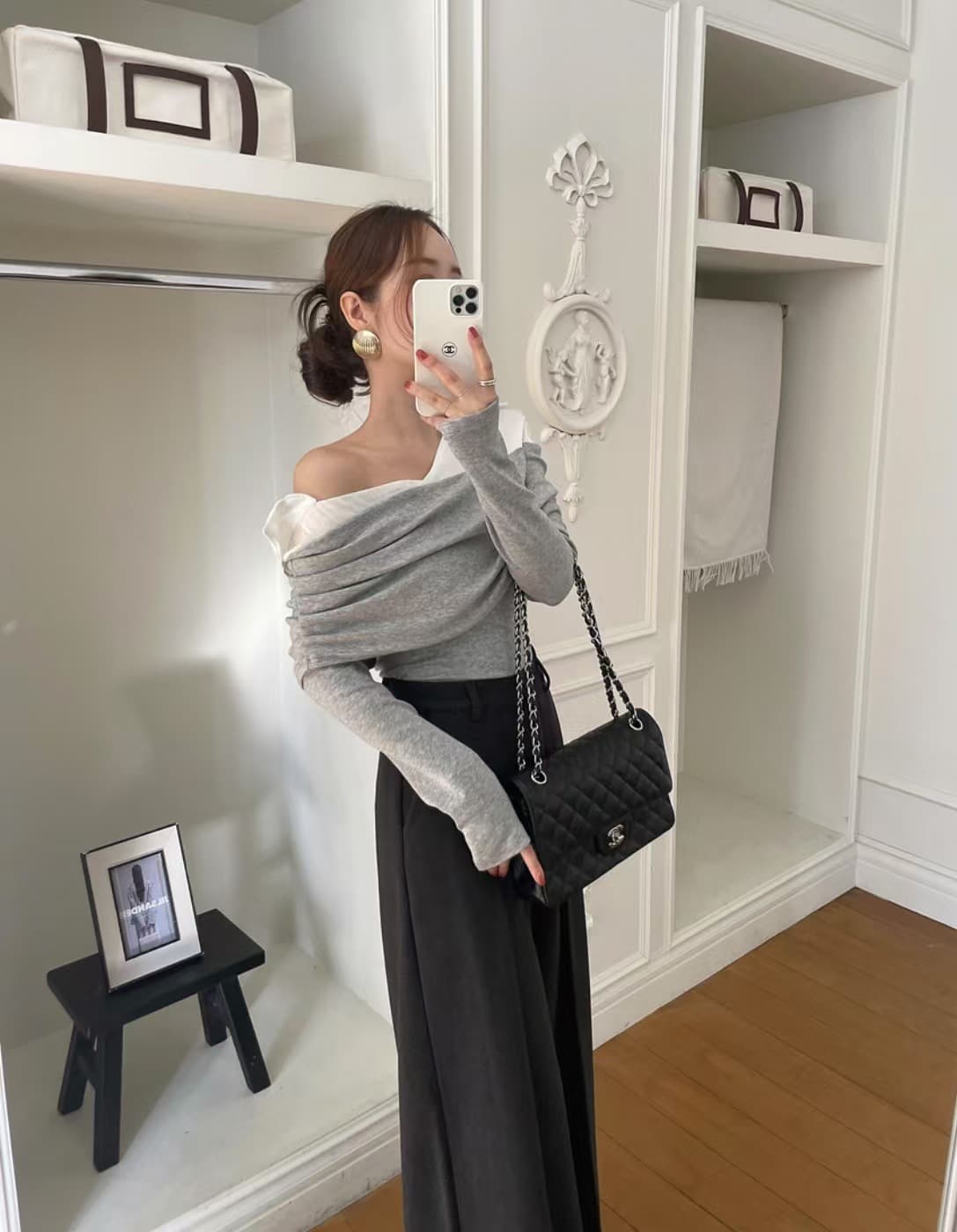 있음 선적 사이즈 업데이트 한국 chic 새로운 레트로 셔츠 폴로 칼라 패치워크 미니멀리즘 오프숄더 긴팔 맨위 상세 이미지 12
