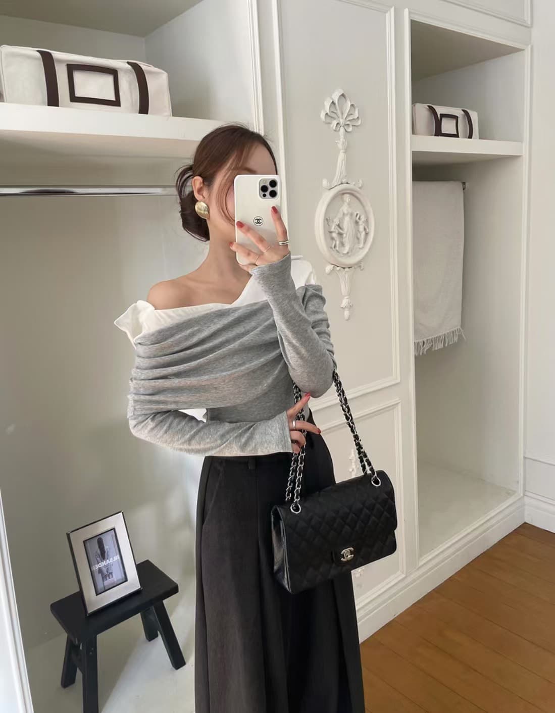 있음 선적 사이즈 업데이트 한국 chic 새로운 레트로 셔츠 폴로 칼라 패치워크 미니멀리즘 오프숄더 긴팔 맨위 상세 이미지 13