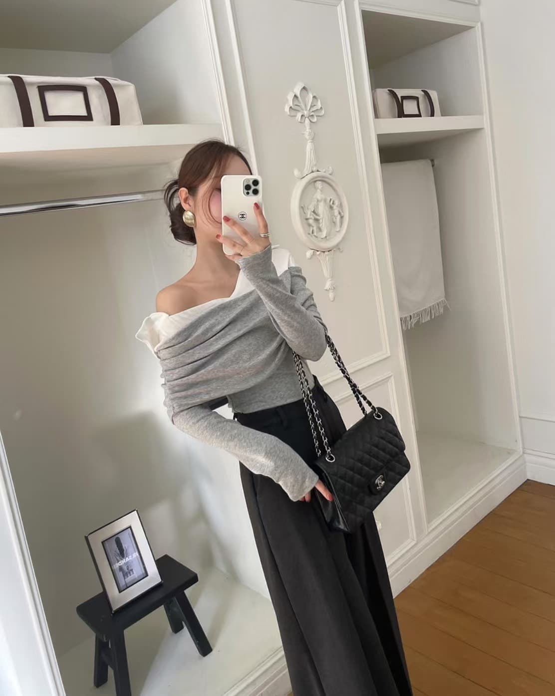 있음 선적 사이즈 업데이트 한국 chic 새로운 레트로 셔츠 폴로 칼라 패치워크 미니멀리즘 오프숄더 긴팔 맨위 상세 이미지 17