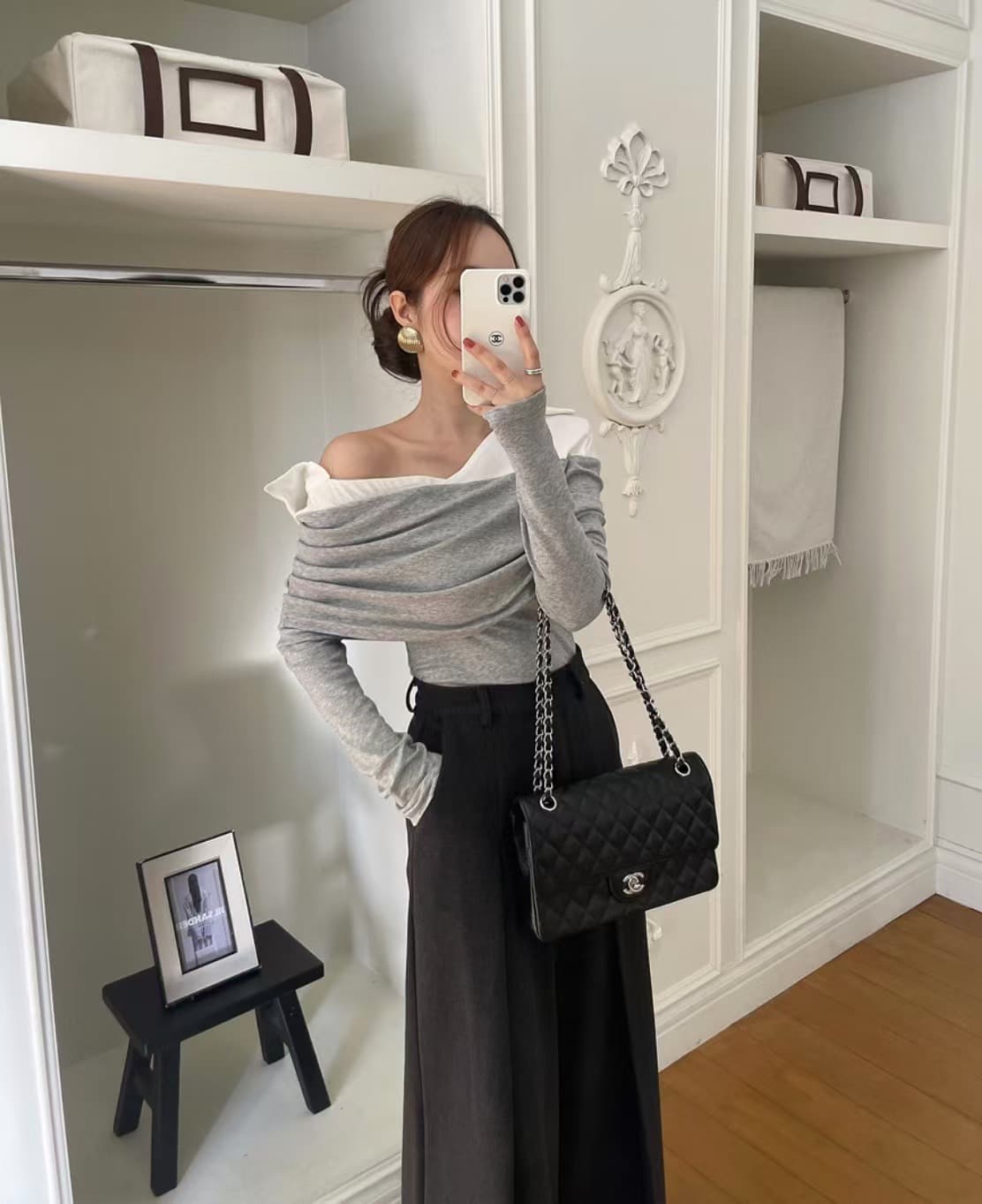 있음 선적 사이즈 업데이트 한국 chic 새로운 레트로 셔츠 폴로 칼라 패치워크 미니멀리즘 오프숄더 긴팔 맨위 상세 이미지 18