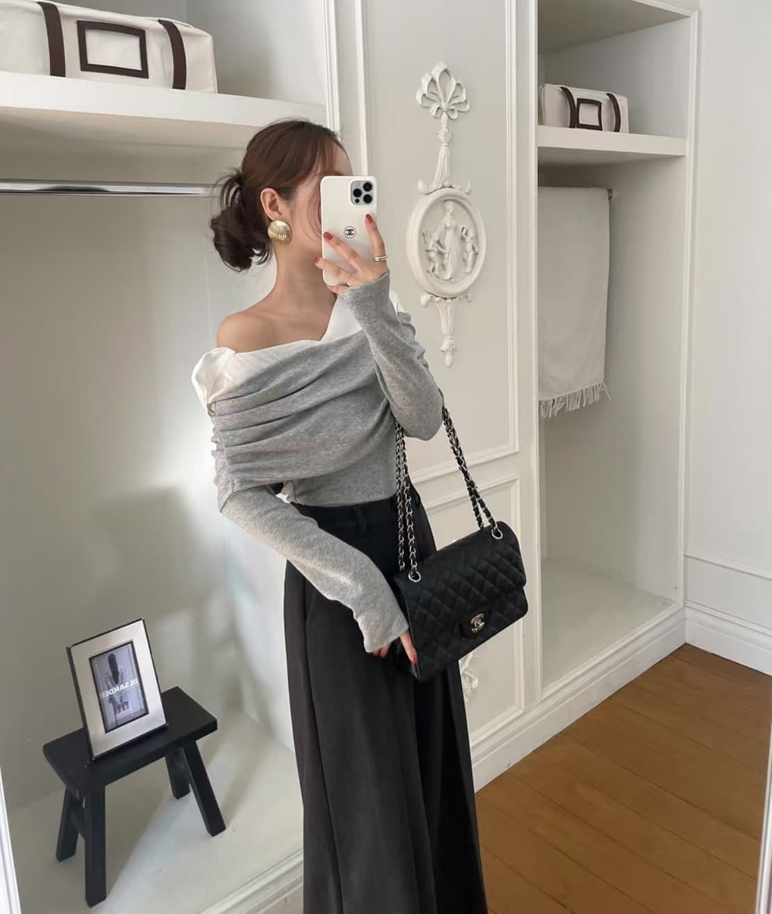 있음 선적 사이즈 업데이트 한국 chic 새로운 레트로 셔츠 폴로 칼라 패치워크 미니멀리즘 오프숄더 긴팔 맨위 상세 이미지 19