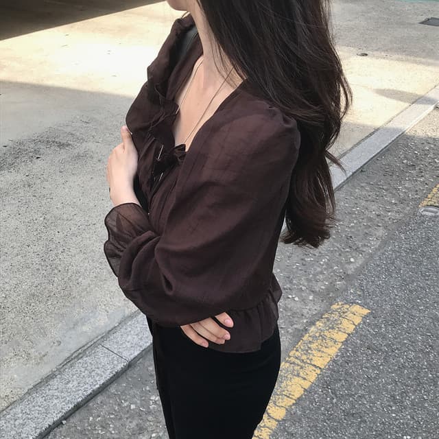 있음 선적 사이즈 업데이트 한국 chic 가을 새로운 달콤함 레이스 부드러운 바람 셔츠 상세 이미지 5