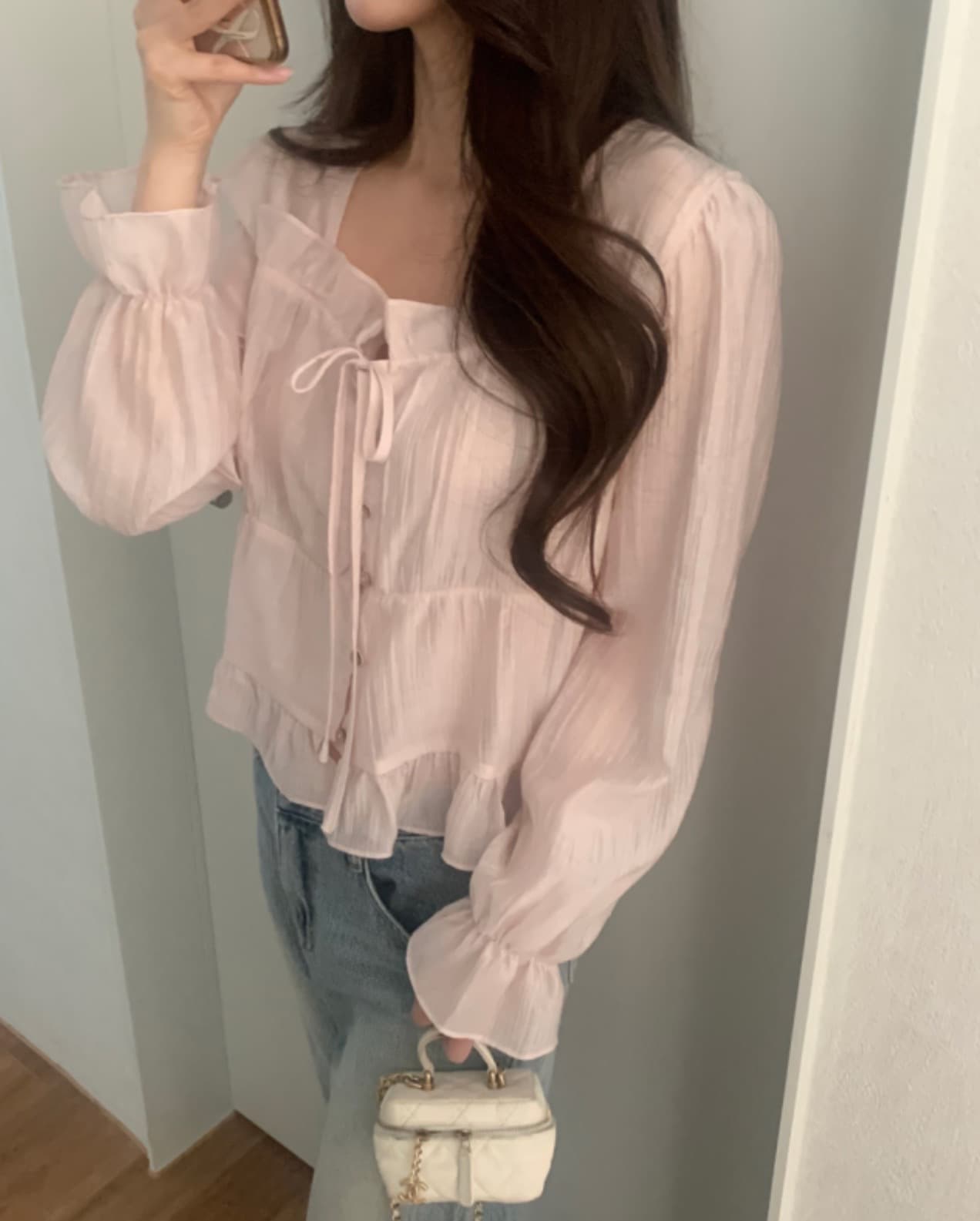 있음 선적 사이즈 업데이트 한국 chic 가을 새로운 달콤함 레이스 부드러운 바람 셔츠 상세 이미지 12