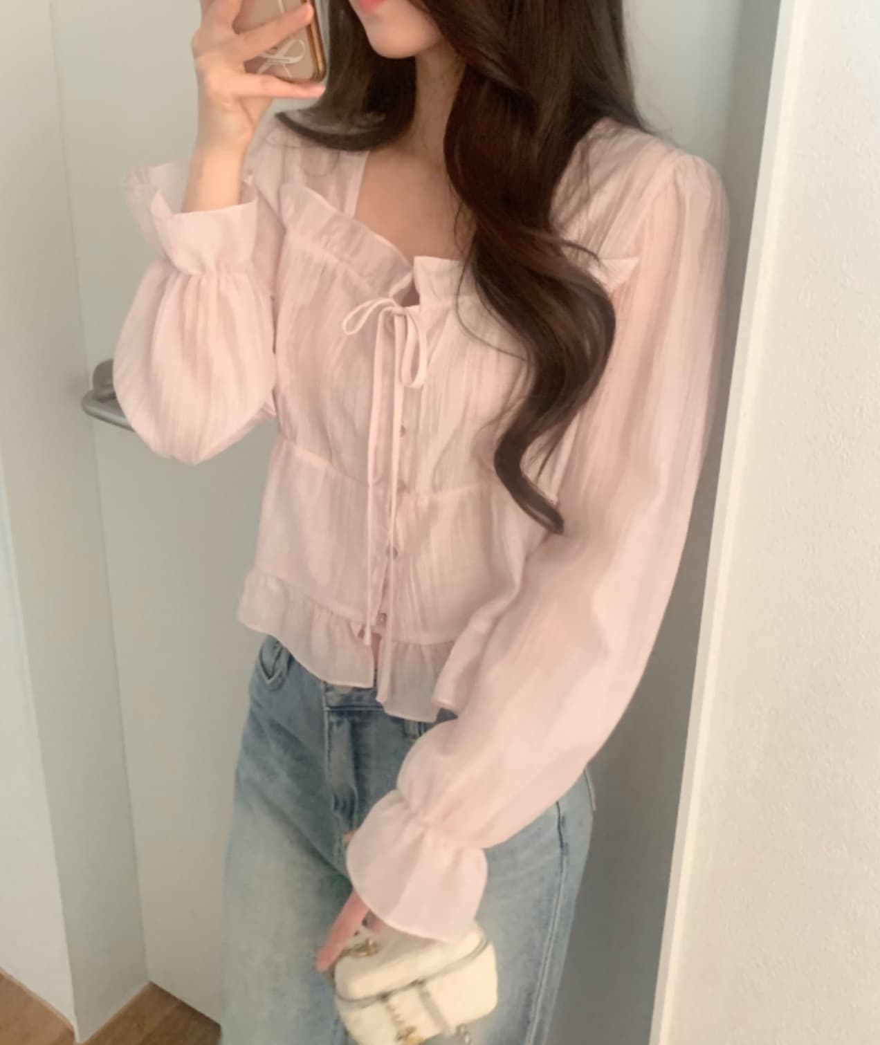 있음 선적 사이즈 업데이트 한국 chic 가을 새로운 달콤함 레이스 부드러운 바람 셔츠 상세 이미지 13