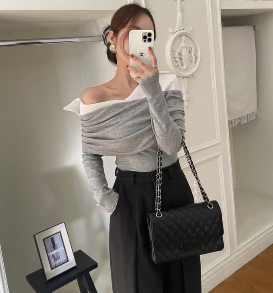 있음 선적 사이즈 업데이트 한국 chic 새로운 레트로 셔츠 폴로 칼라 패치워크 미니멀리즘 오프숄더 긴팔 맨위
