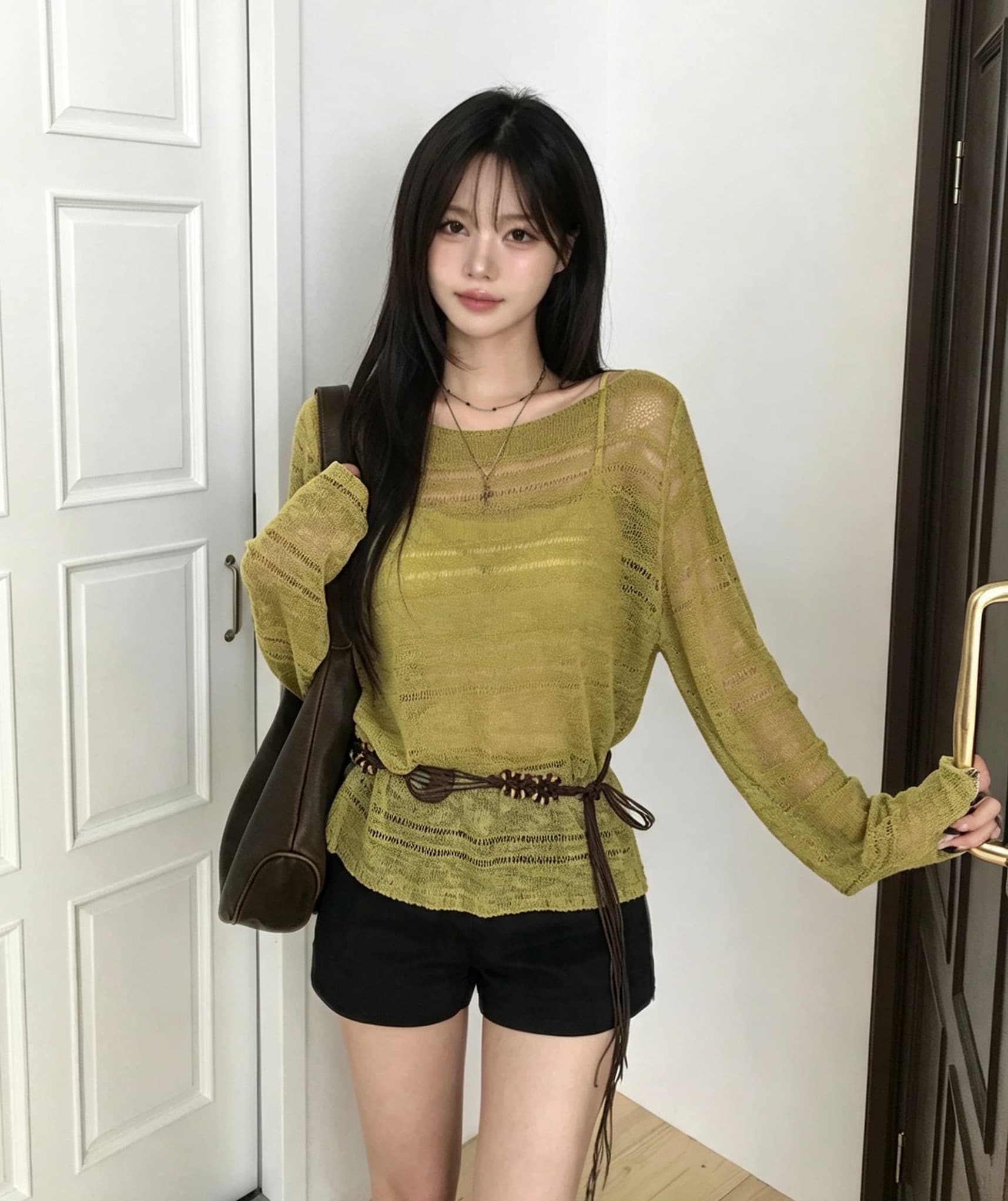 있음 선적 사이즈 업데이트 한국 chic 가을 ins 단색 홀로우 아웃 보트넥 느슨함 센스 긴팔 니트 스웨터 이미지 3