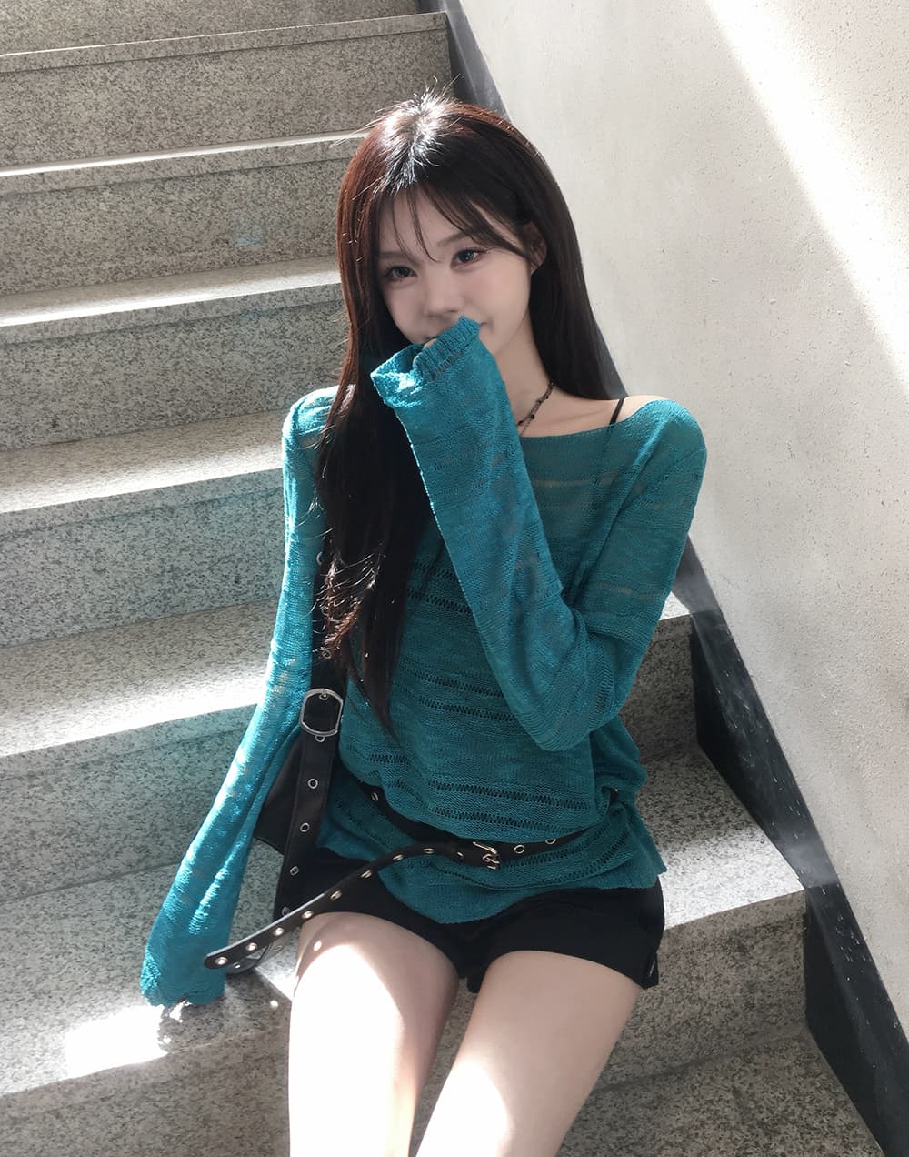 있음 선적 사이즈 업데이트 한국 chic 가을 ins 단색 홀로우 아웃 보트넥 느슨함 센스 긴팔 니트 스웨터 이미지 2