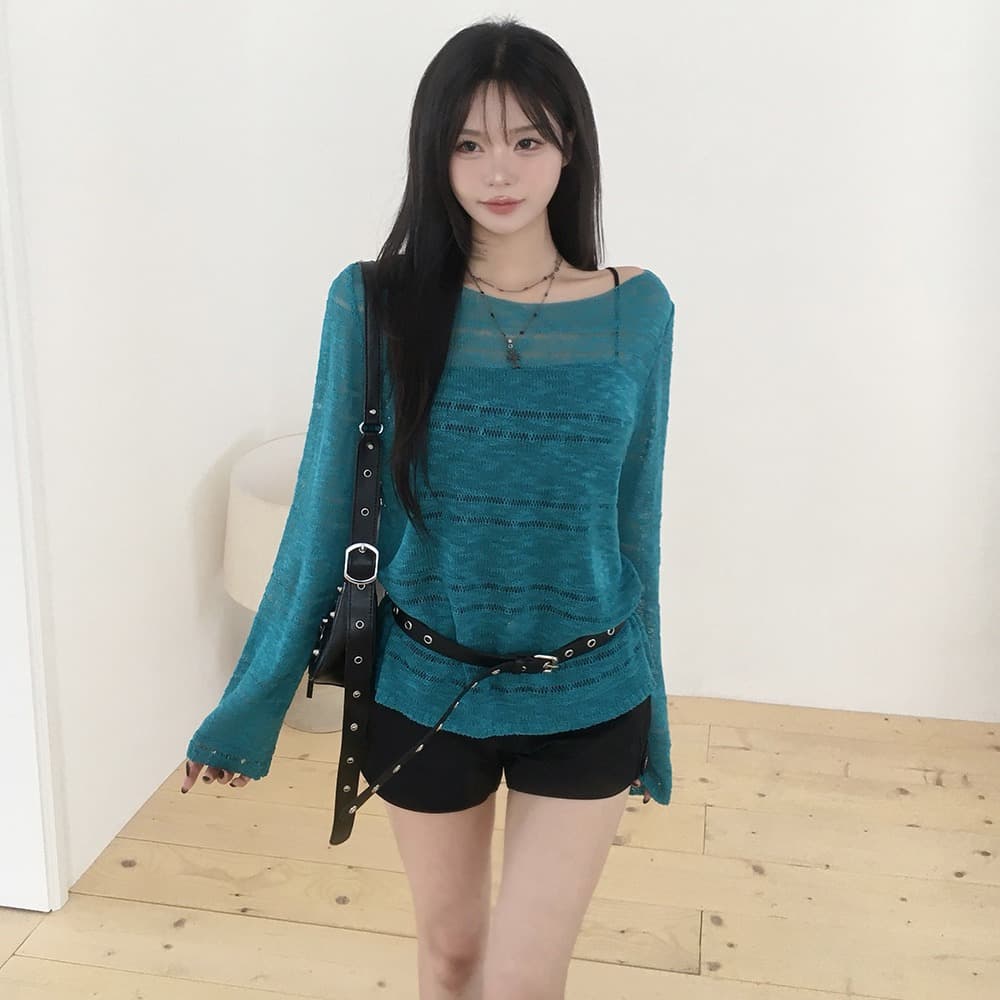 있음 선적 사이즈 업데이트 한국 chic 가을 ins 단색 홀로우 아웃 보트넥 느슨함 센스 긴팔 니트 스웨터 이미지 5