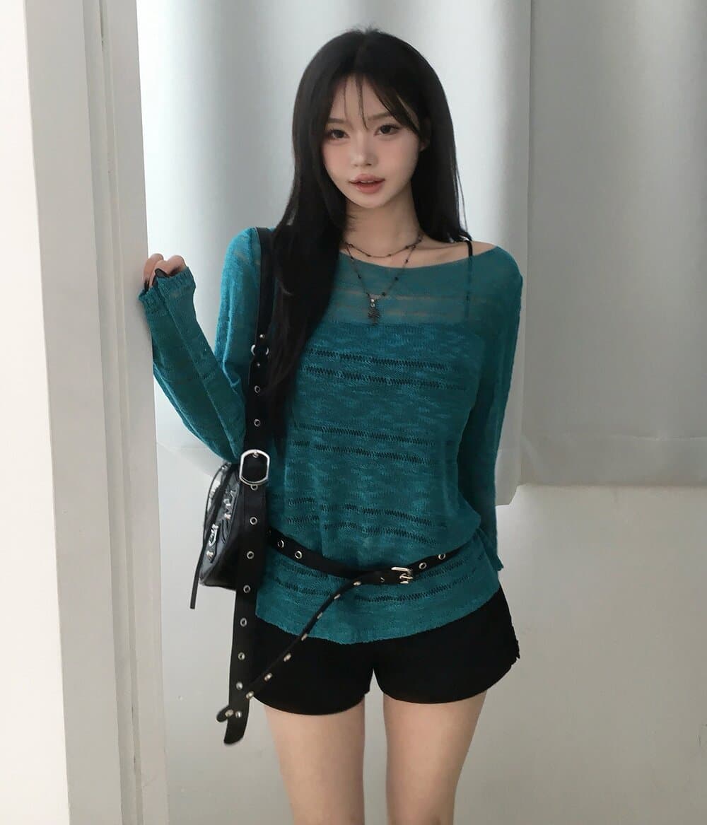 있음 선적 사이즈 업데이트 한국 chic 가을 ins 단색 홀로우 아웃 보트넥 느슨함 센스 긴팔 니트 스웨터 이미지 4