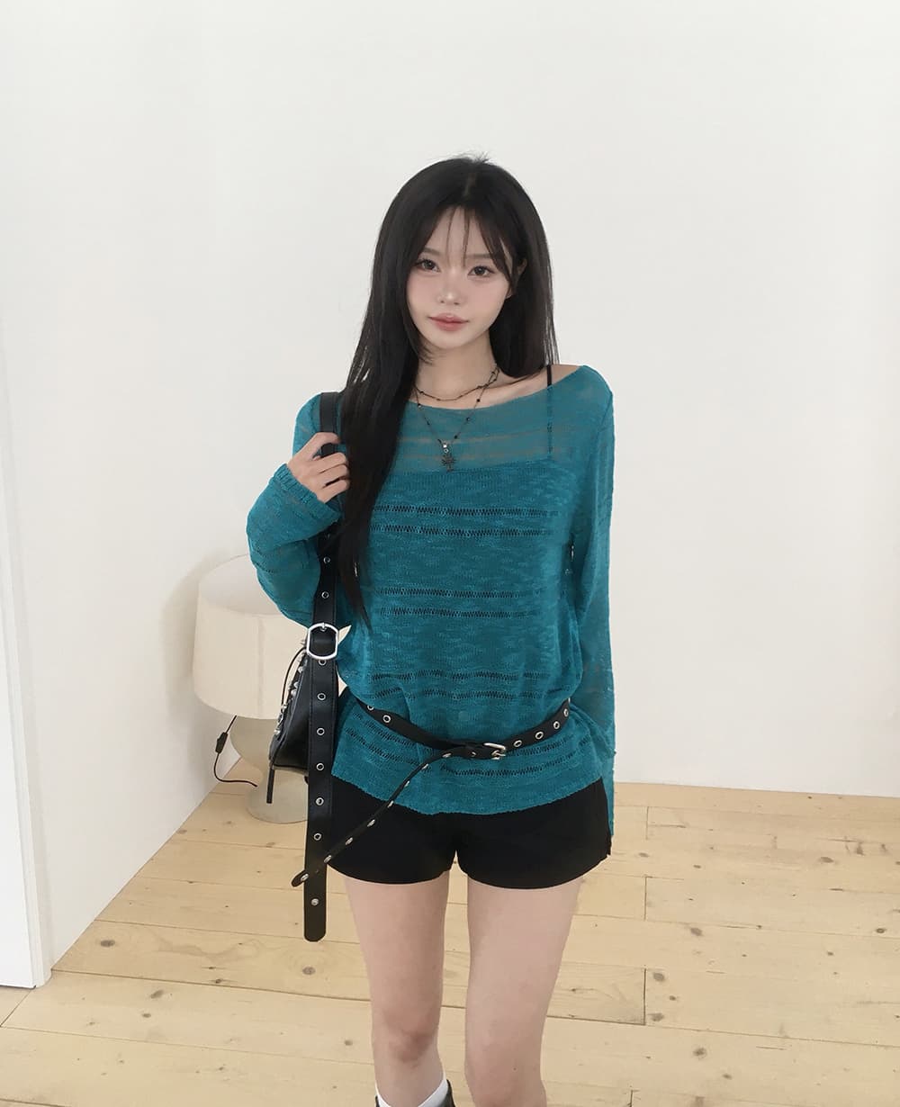있음 선적 사이즈 업데이트 한국 chic 가을 ins 단색 홀로우 아웃 보트넥 느슨함 센스 긴팔 니트 스웨터 상세 이미지 4