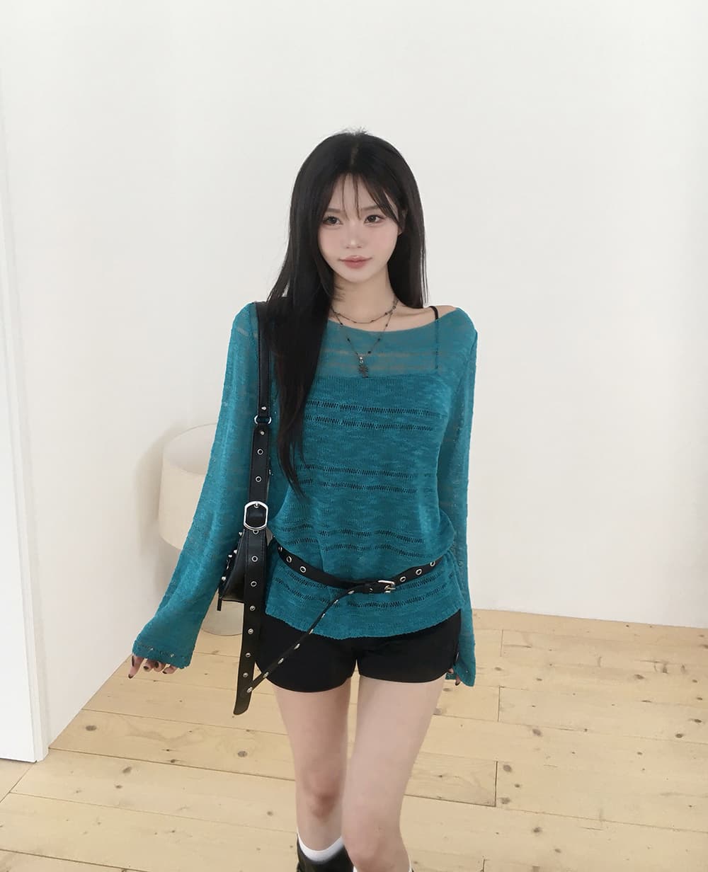 있음 선적 사이즈 업데이트 한국 chic 가을 ins 단색 홀로우 아웃 보트넥 느슨함 센스 긴팔 니트 스웨터 상세 이미지 5