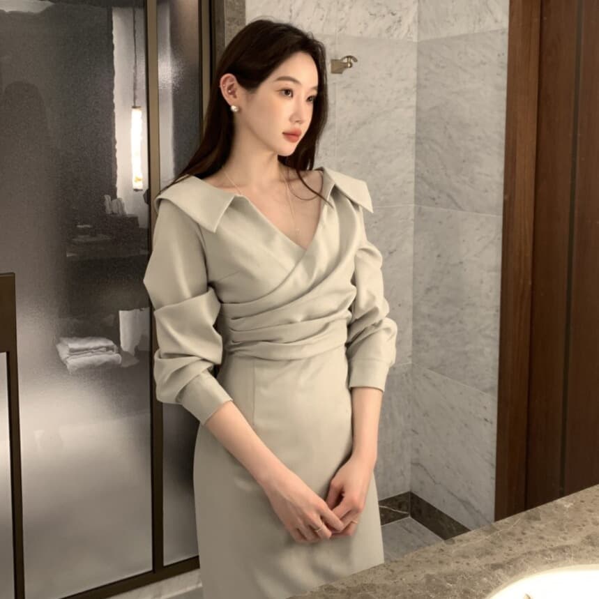 있음 선적 사이즈 업데이트 chic 가을 프랑스식 폴로 칼라 허리 수축 거품 소매 여성 드레스 우아함 레이스업 롱 스커트