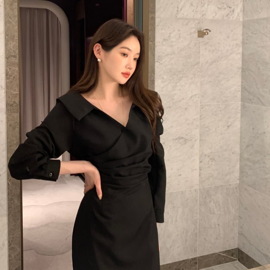있음 선적 사이즈 업데이트 chic 가을 프랑스식 폴로 칼라 허리 수축 거품 소매 여성 드레스 우아함 레이스업 롱 스커트 이미지 3