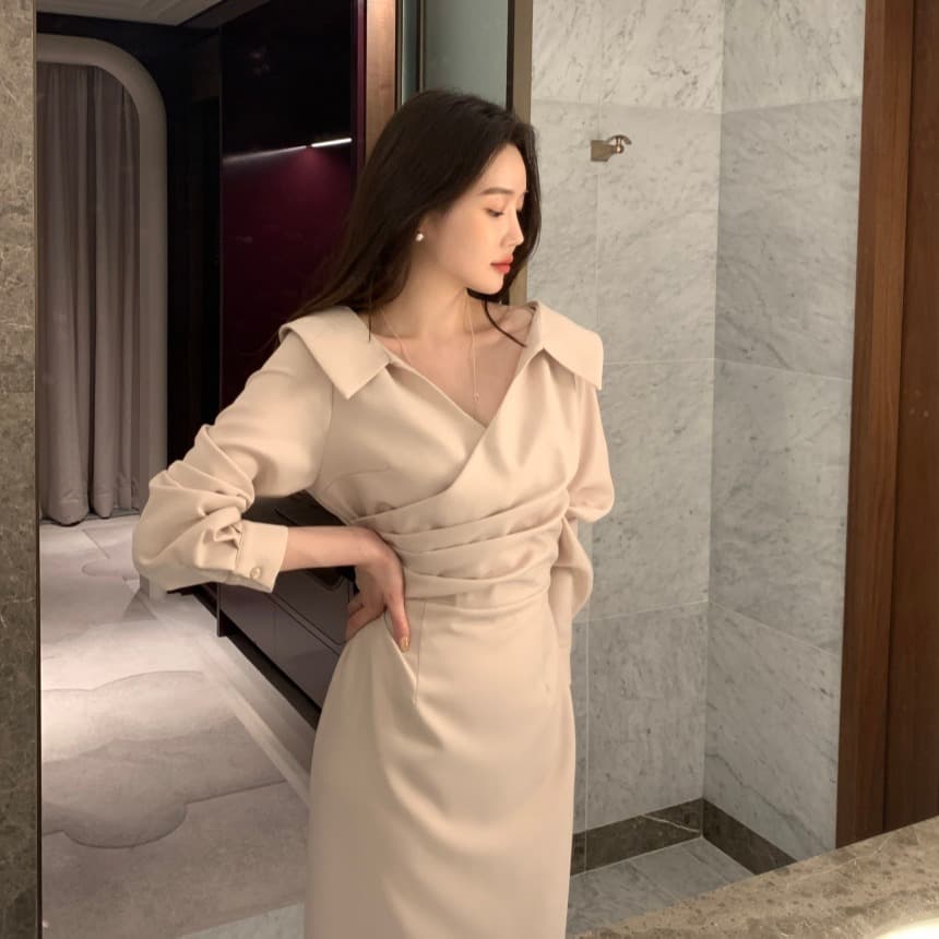 있음 선적 사이즈 업데이트 chic 가을 프랑스식 폴로 칼라 허리 수축 거품 소매 여성 드레스 우아함 레이스업 롱 스커트 이미지 5