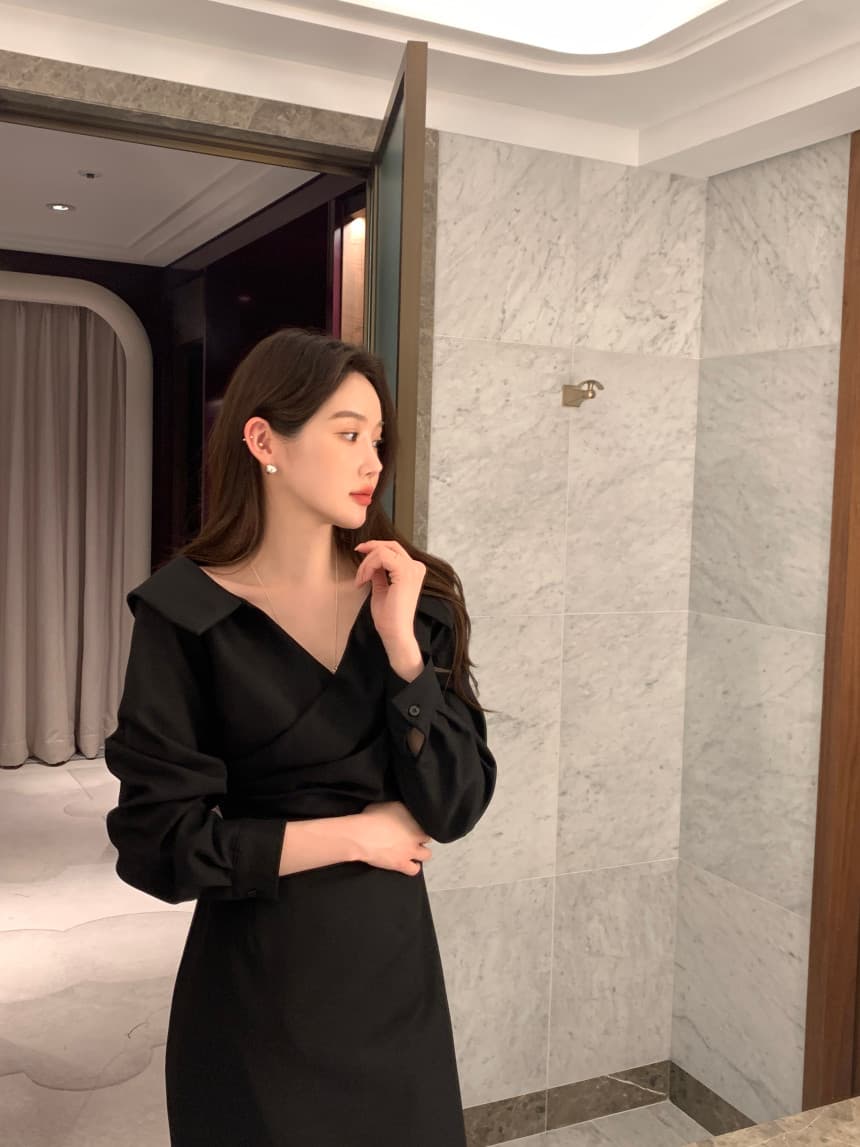 있음 선적 사이즈 업데이트 chic 가을 프랑스식 폴로 칼라 허리 수축 거품 소매 여성 드레스 우아함 레이스업 롱 스커트 상세 이미지 1