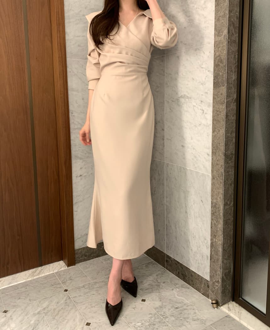 있음 선적 사이즈 업데이트 chic 가을 프랑스식 폴로 칼라 허리 수축 거품 소매 여성 드레스 우아함 레이스업 롱 스커트 상세 이미지 5