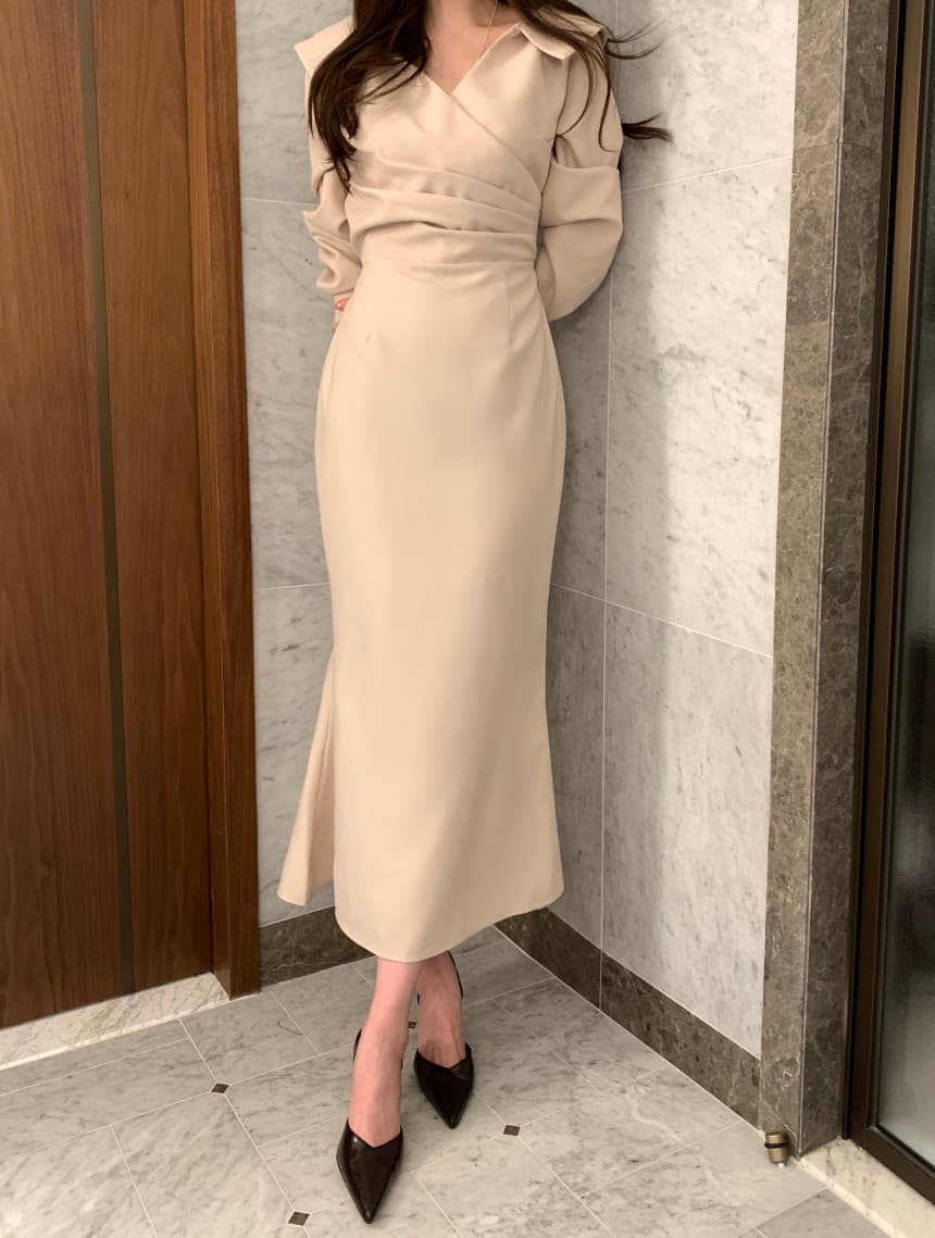 있음 선적 사이즈 업데이트 chic 가을 프랑스식 폴로 칼라 허리 수축 거품 소매 여성 드레스 우아함 레이스업 롱 스커트 상세 이미지 13